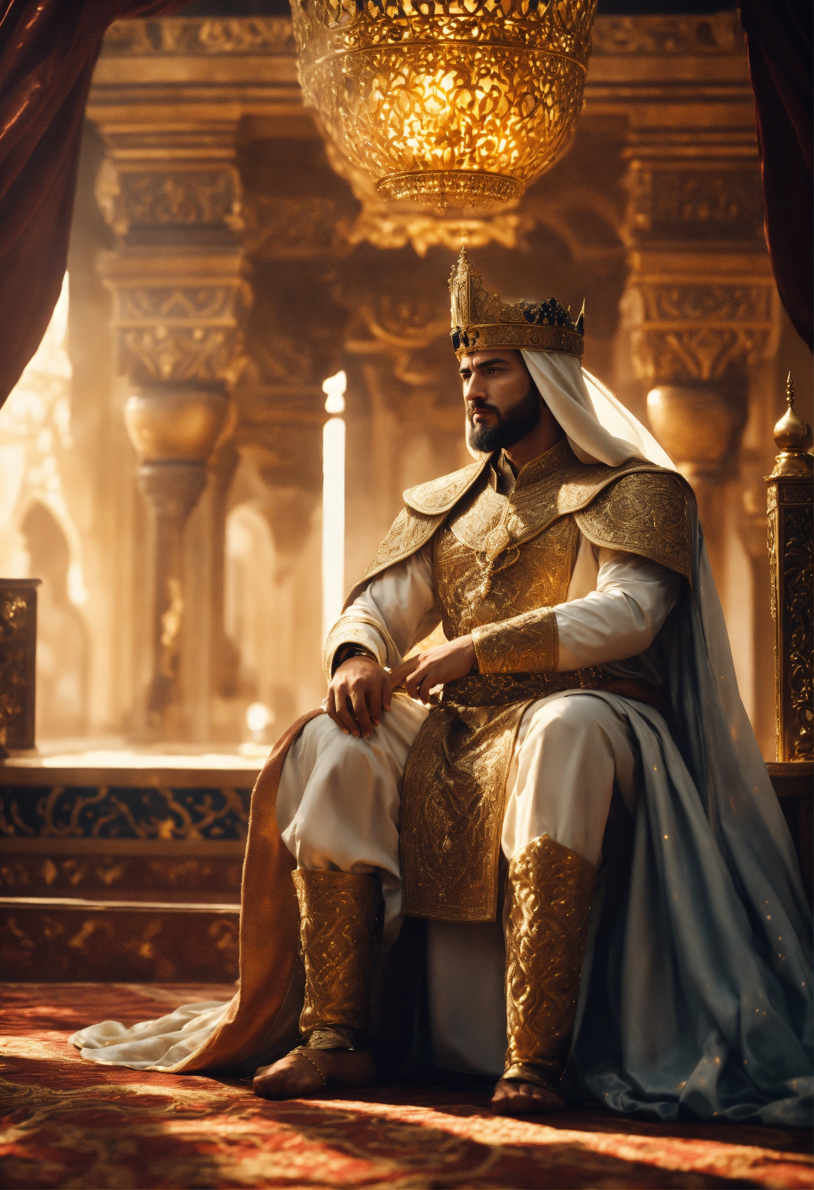 Lexica - An epic fantasy scene featuring the sultan Saladin sitting on ...