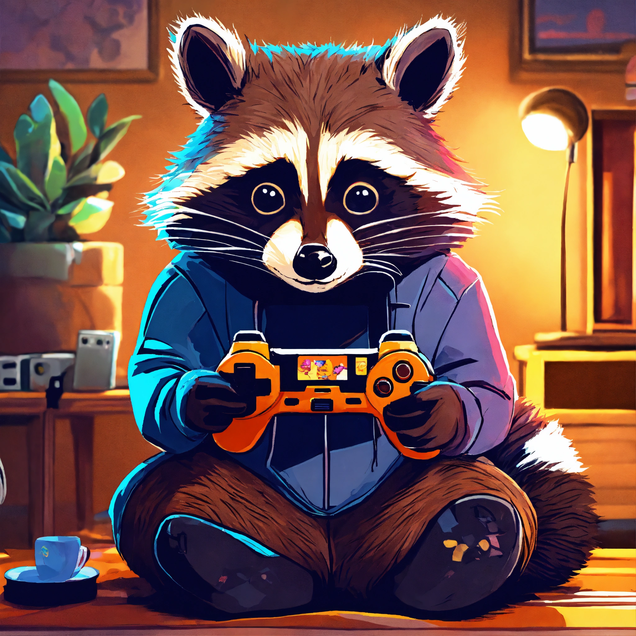 Lexica - A cute Raccoon playing video games