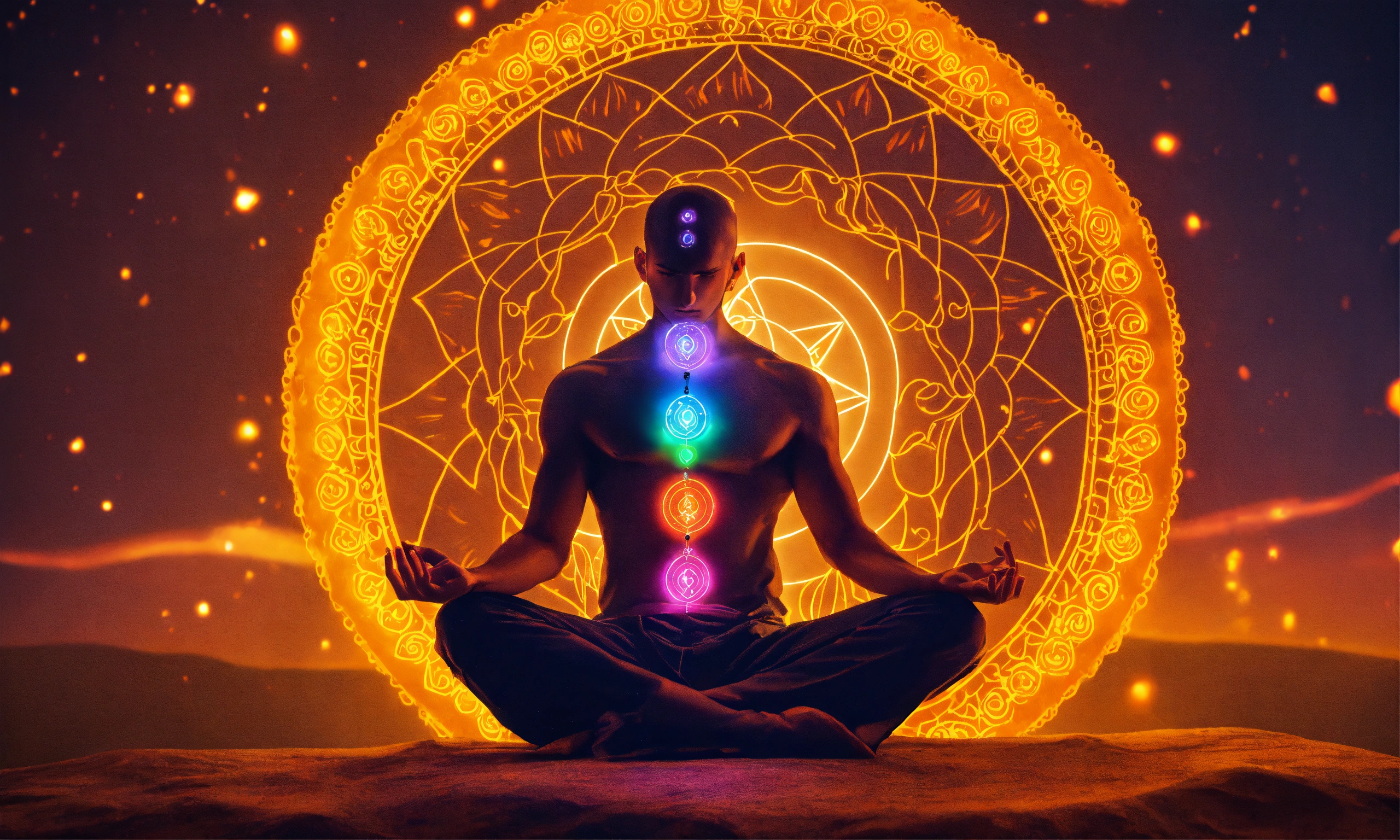 Lexica - Man sitting, chakras lit up, 4k, high resolution, photo quality