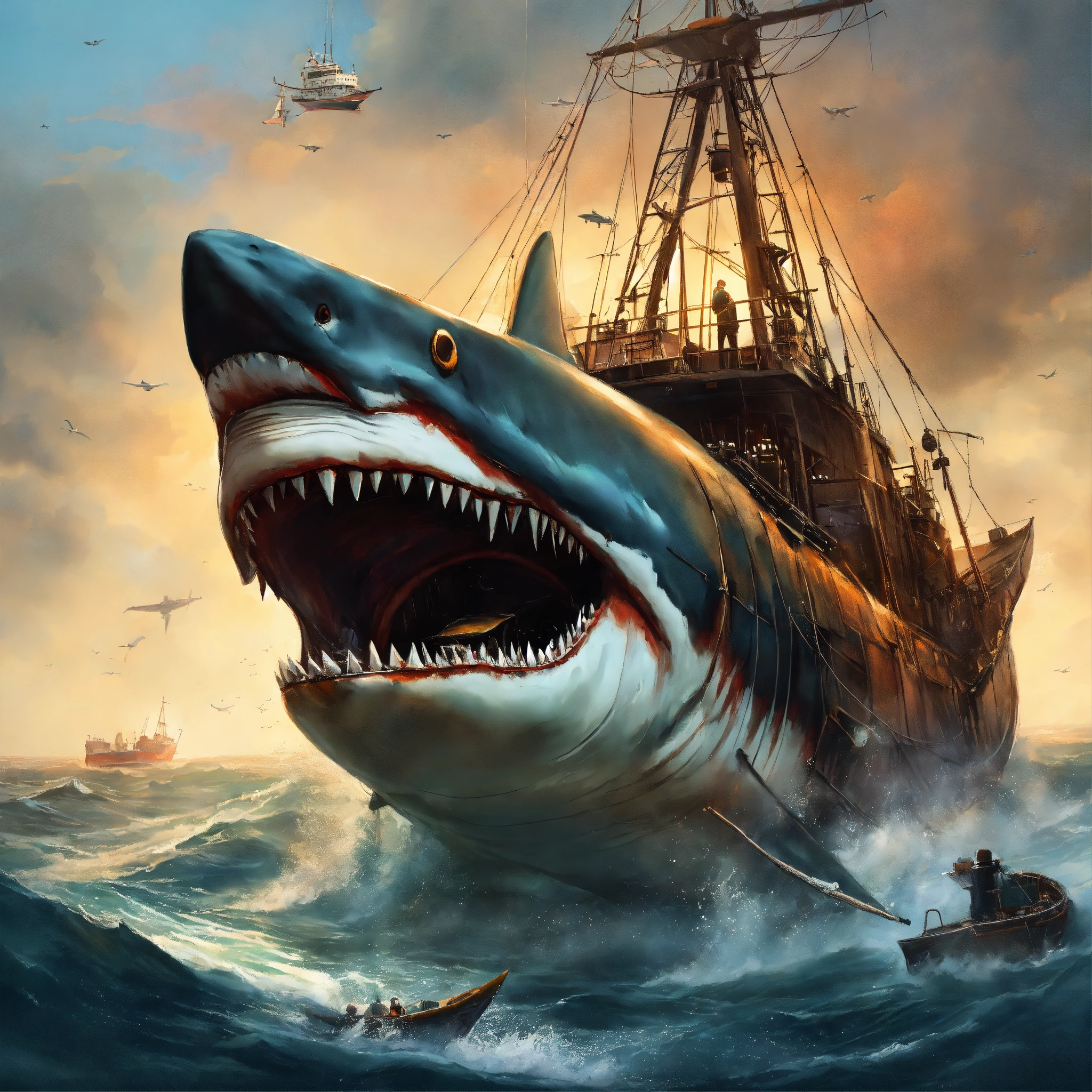 Lexica - Concept art of a big blind megalodon full of scars attacking a ...