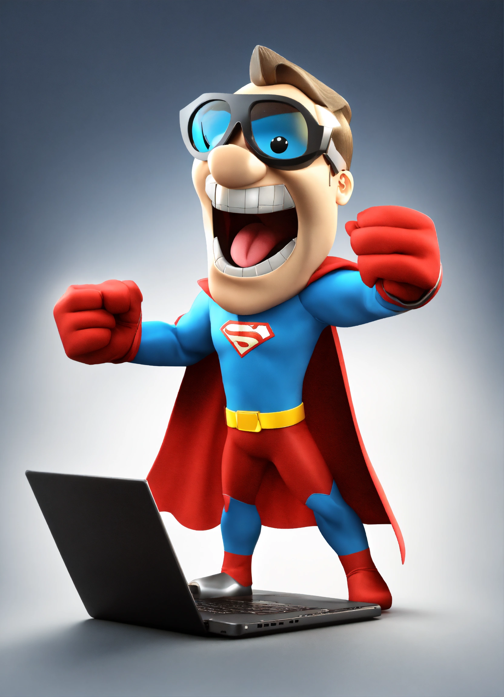 Lexica - Fun, champion, superhero , 3d mascot, screaming, hold laptop