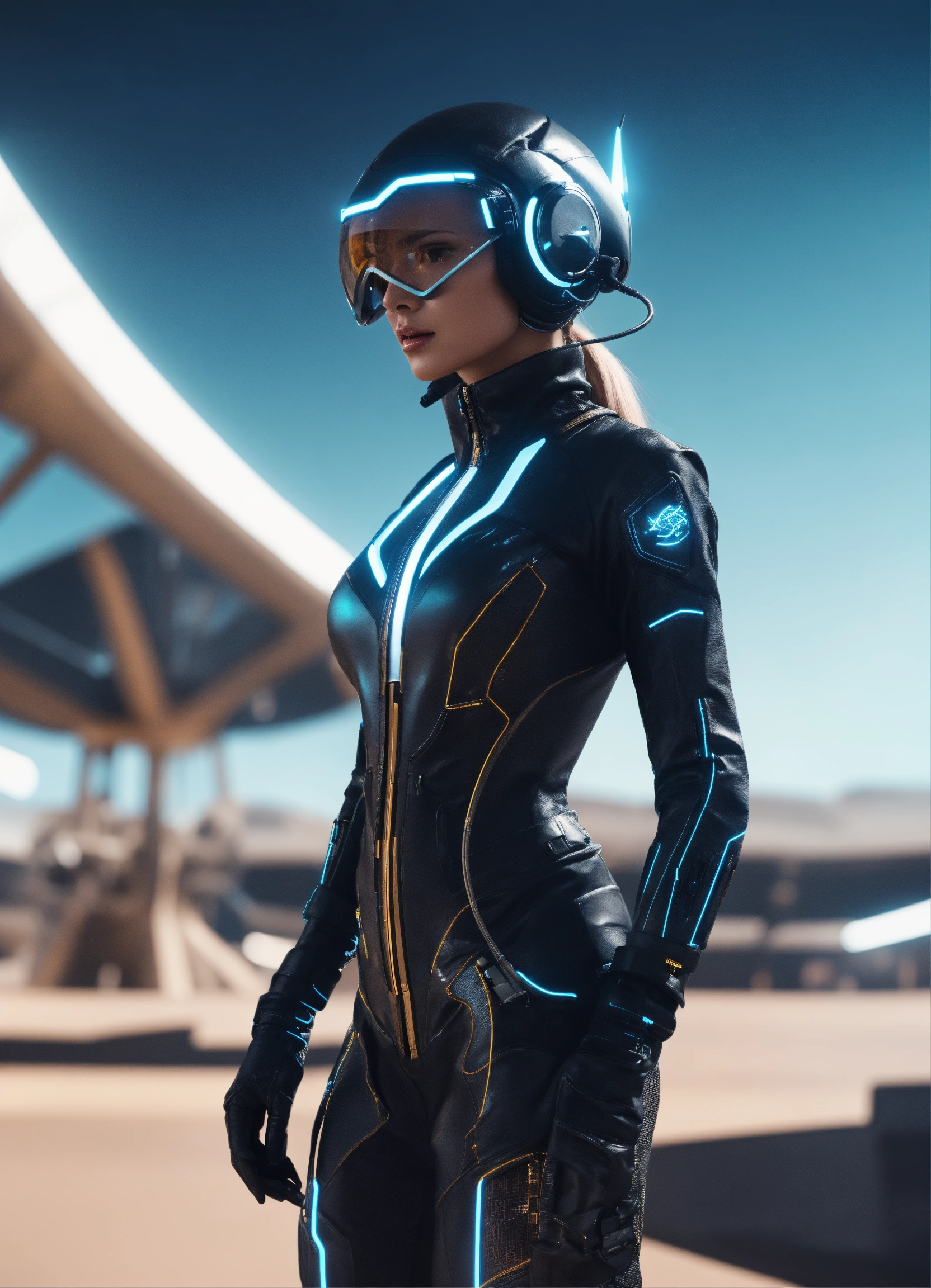 Lexica - Wide shot of a female spy wearing a tight futuristic spy suit ...