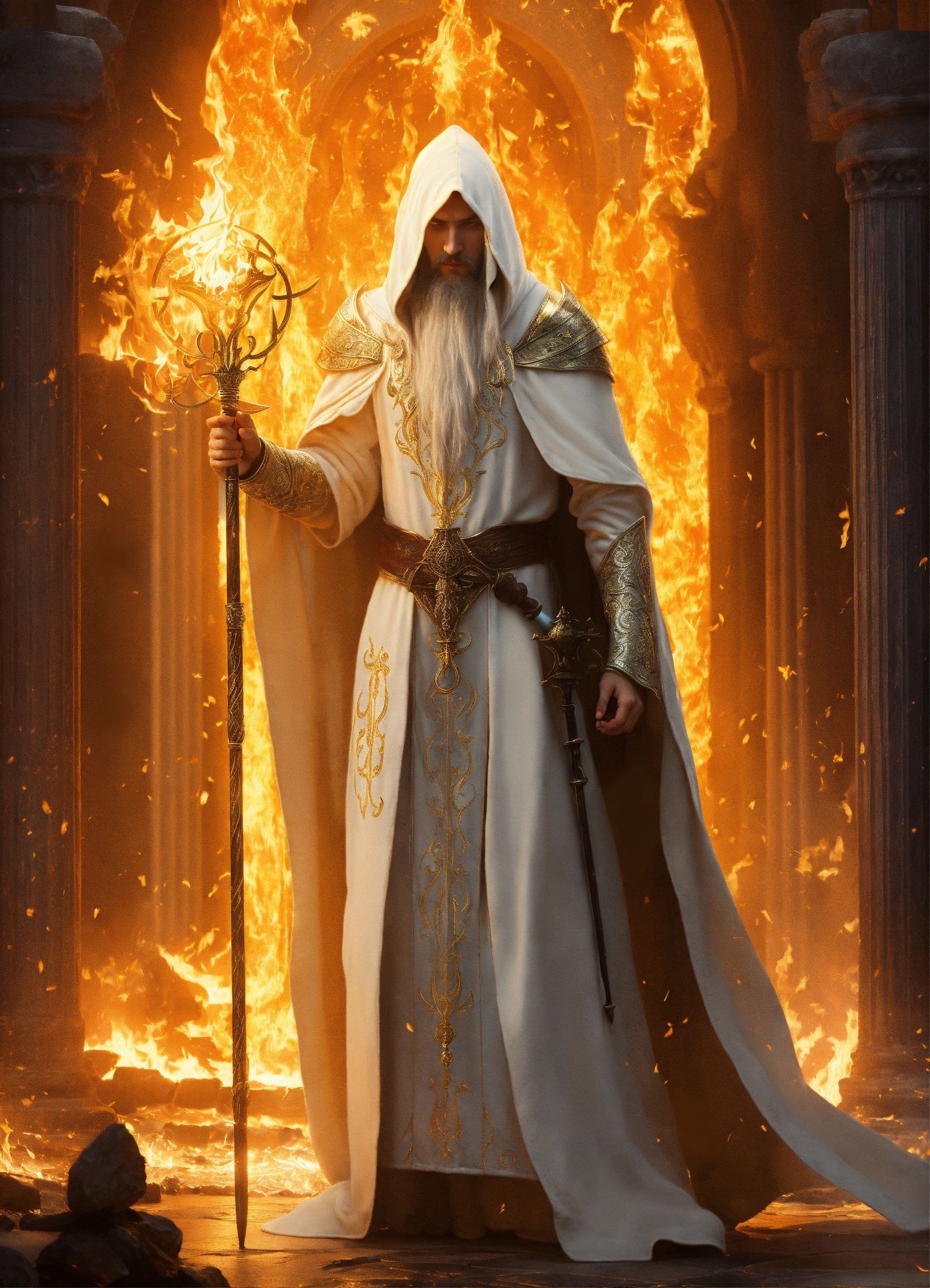 Lexica - Scene from a front view of a white elf wizard wearing a hooded ...