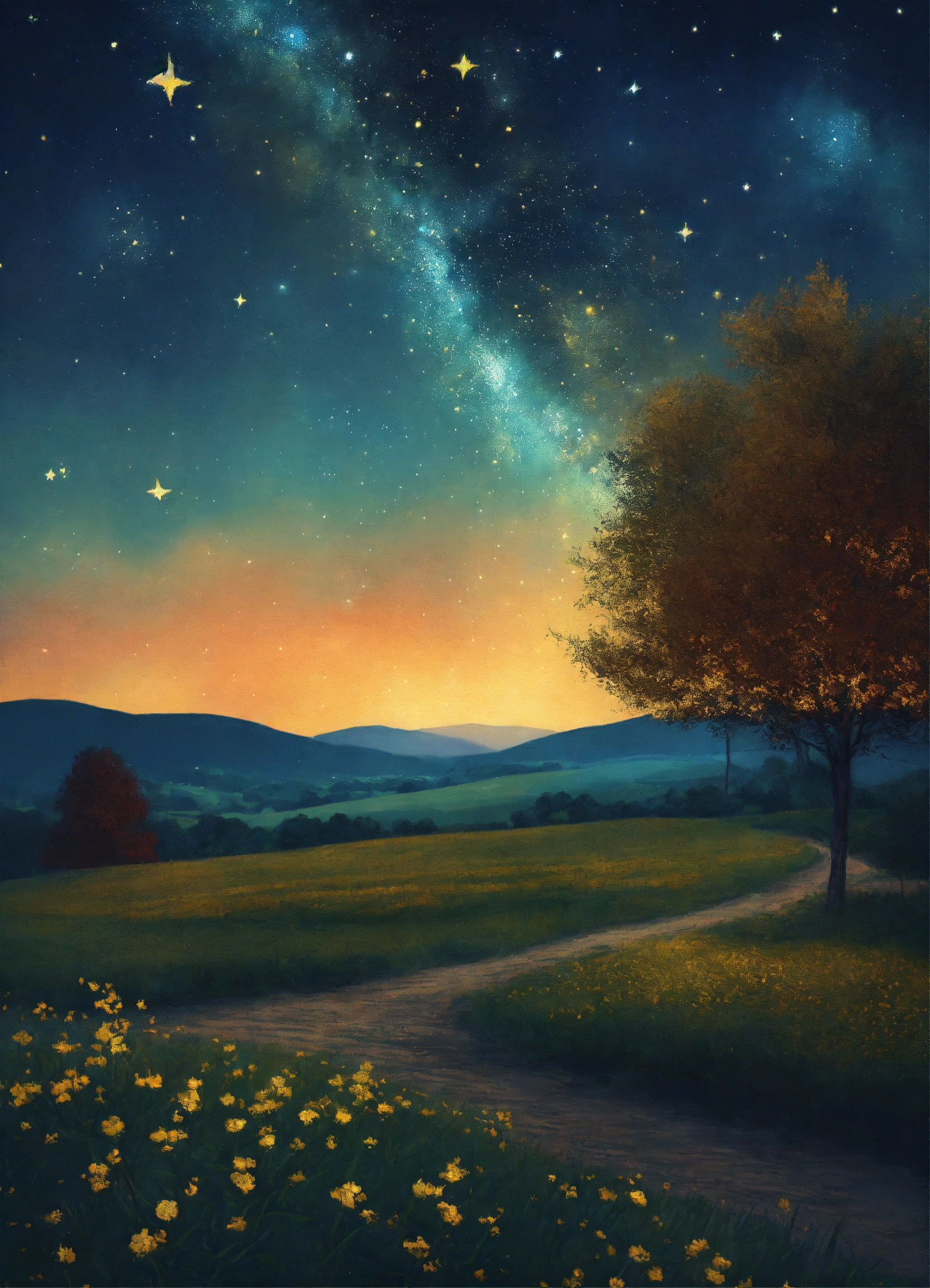 Lexica - An image of a starry night sky above a peaceful countryside ...