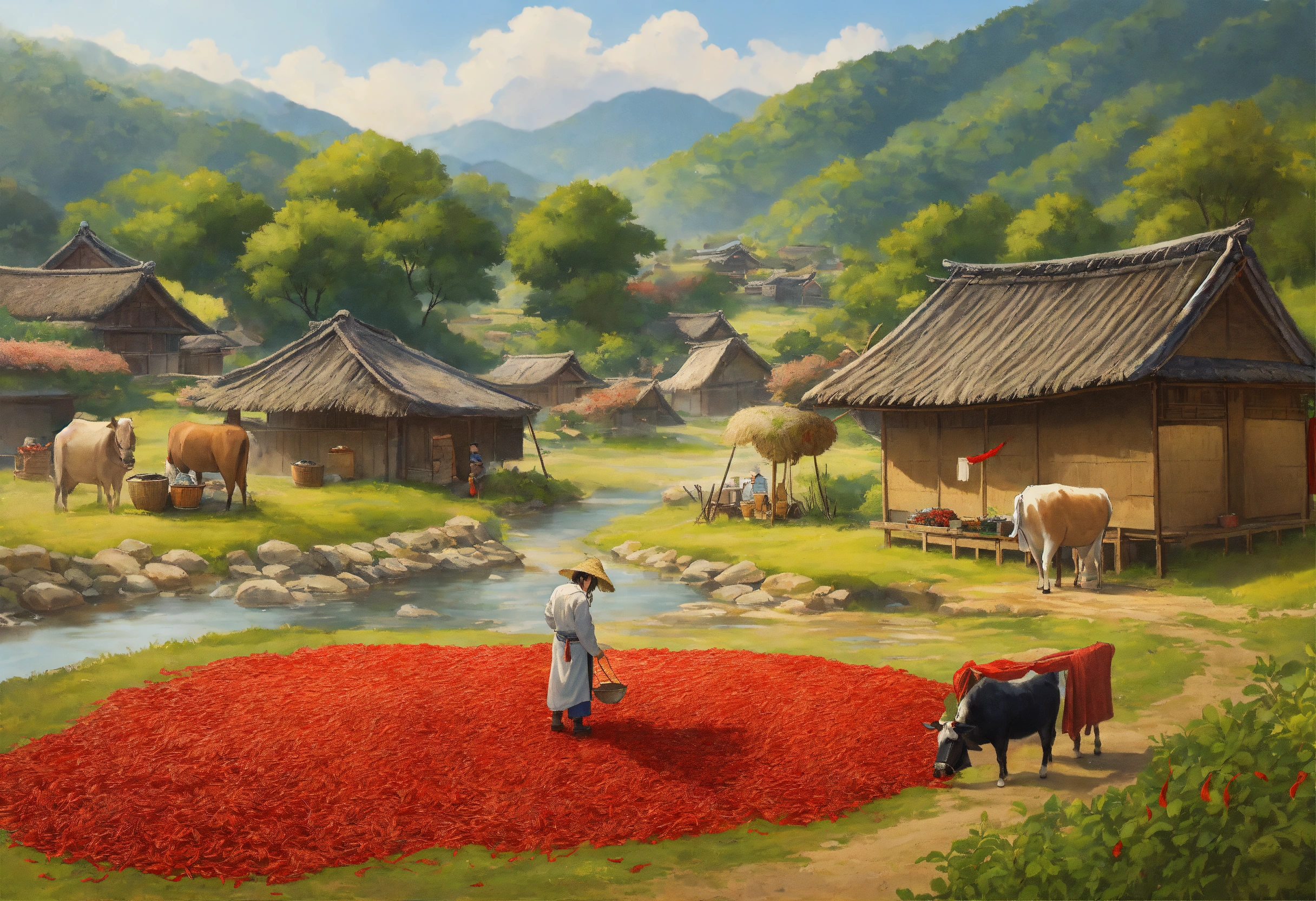 Lexica - A rural landscape in Korea, with thatched huts, a stream, a ...