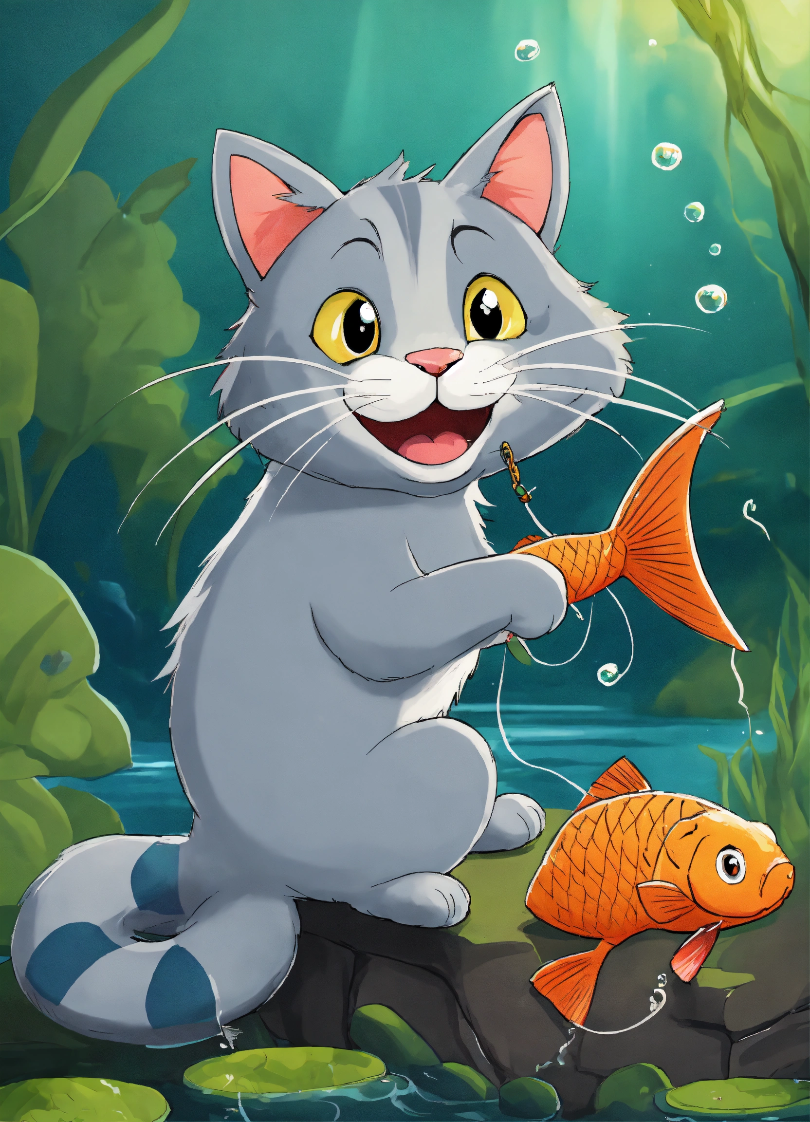Lexica - A grey cat fishing a a big fish smiling cartoon