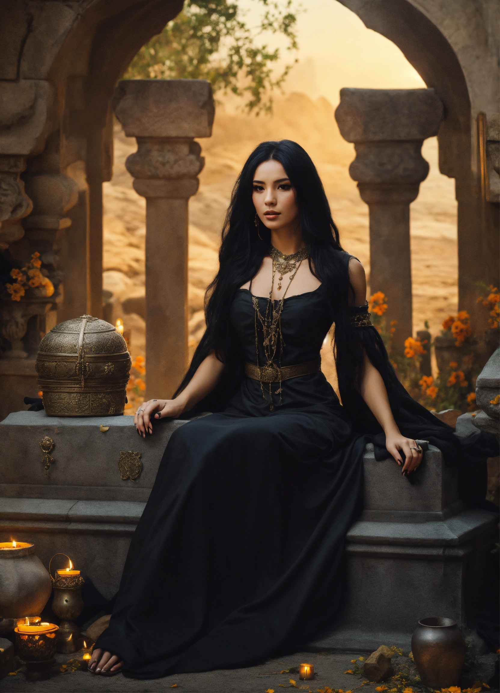 Lexica - A beautiful sorceress with long black hair dressed in a black ...
