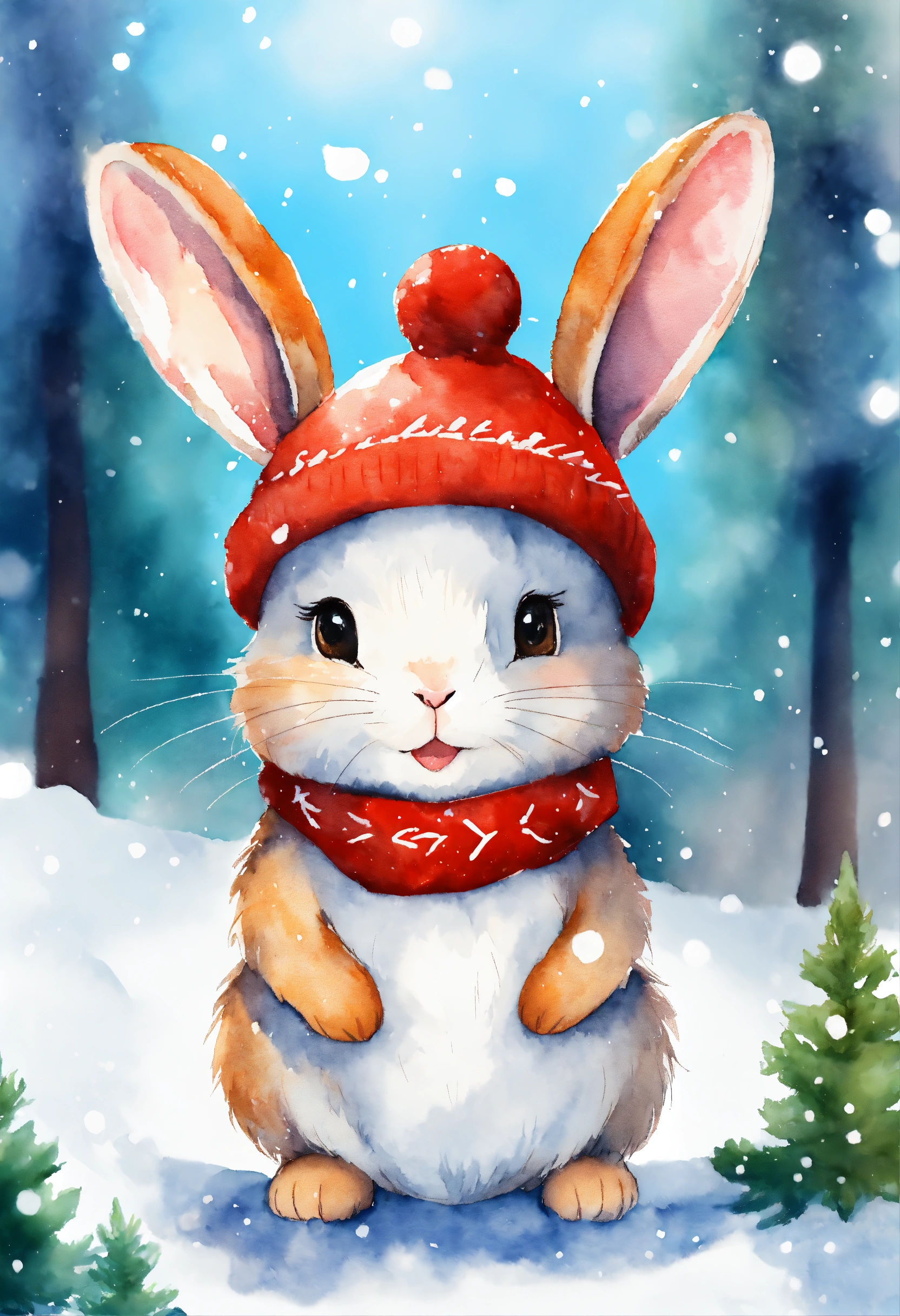 Lexica - A cute happy rabbit in forest with Christmas hat , ,snow ...