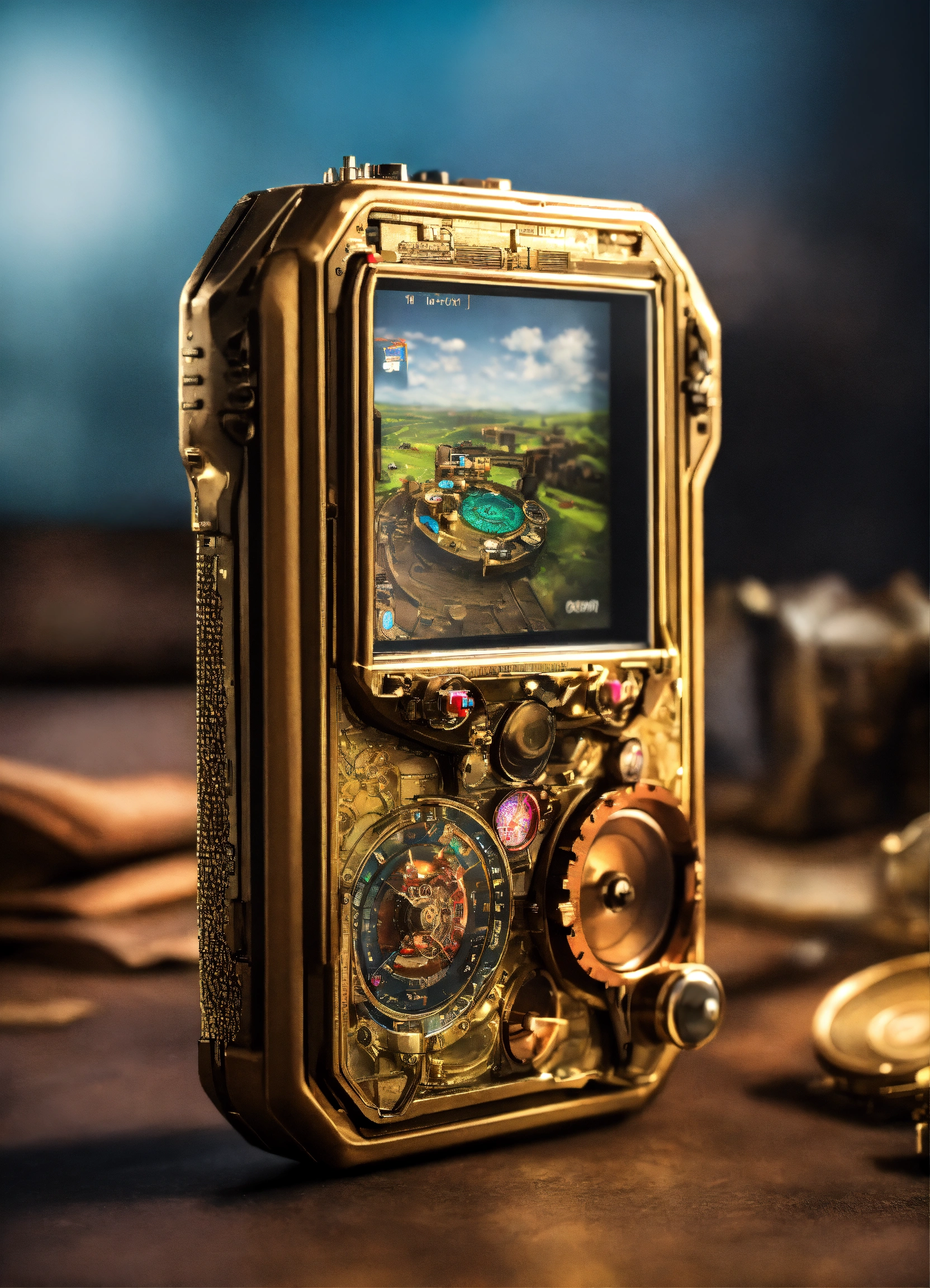 Lexica - Micro handheld gaming device, screen in center, steampunk ...