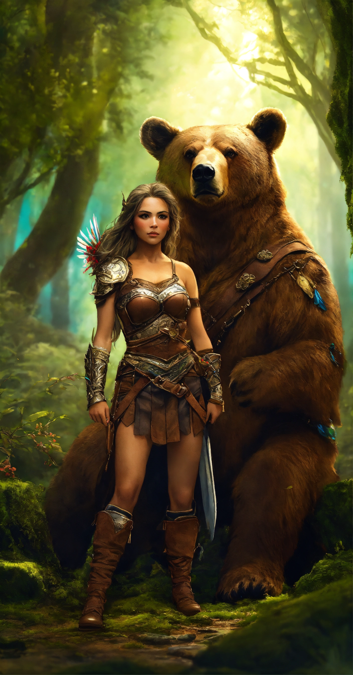 Lexica - A warrior woman and a bear in the enchanted forest,realistic