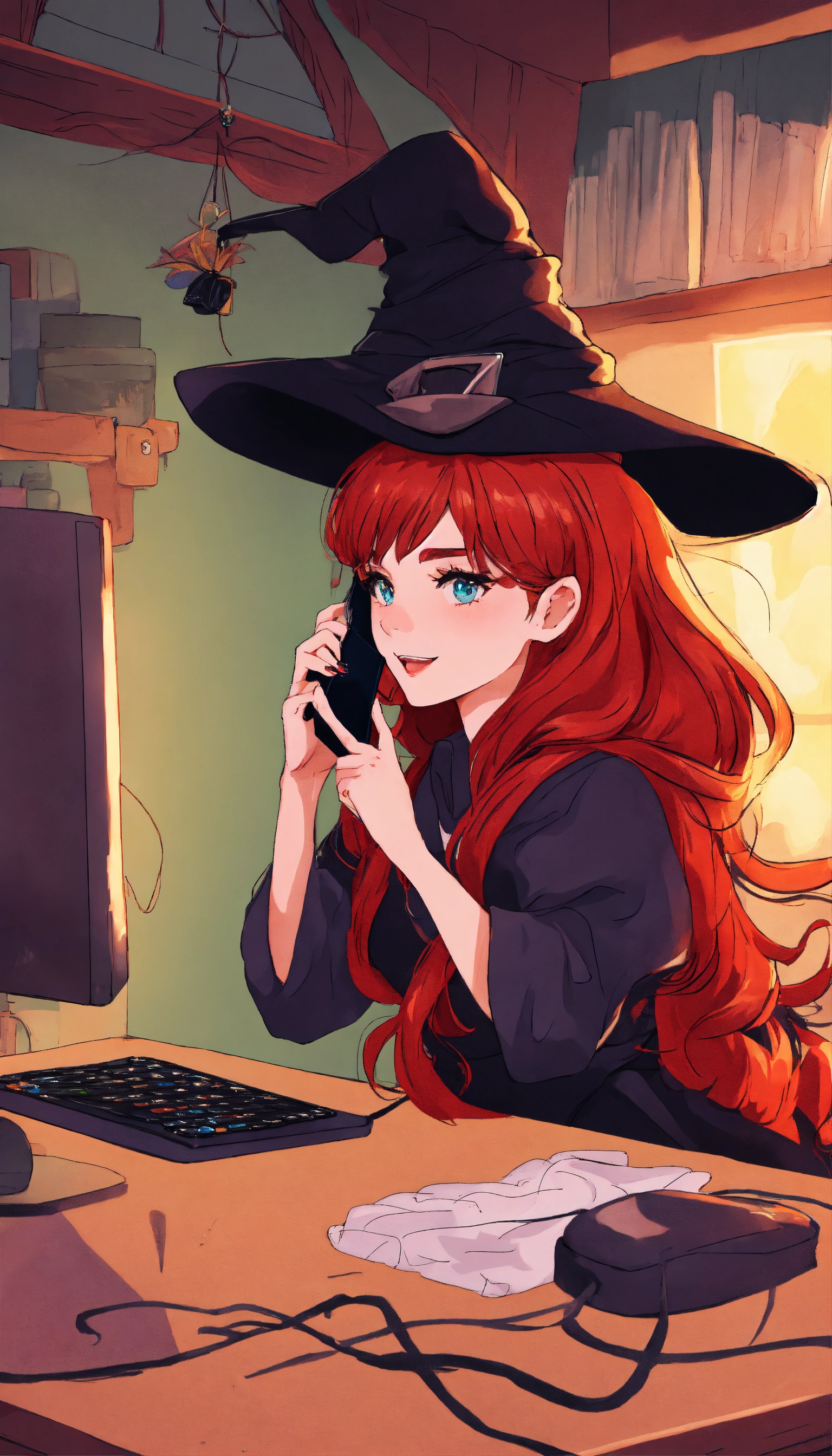 Lexica - Red-haired witch on the phone on her computer