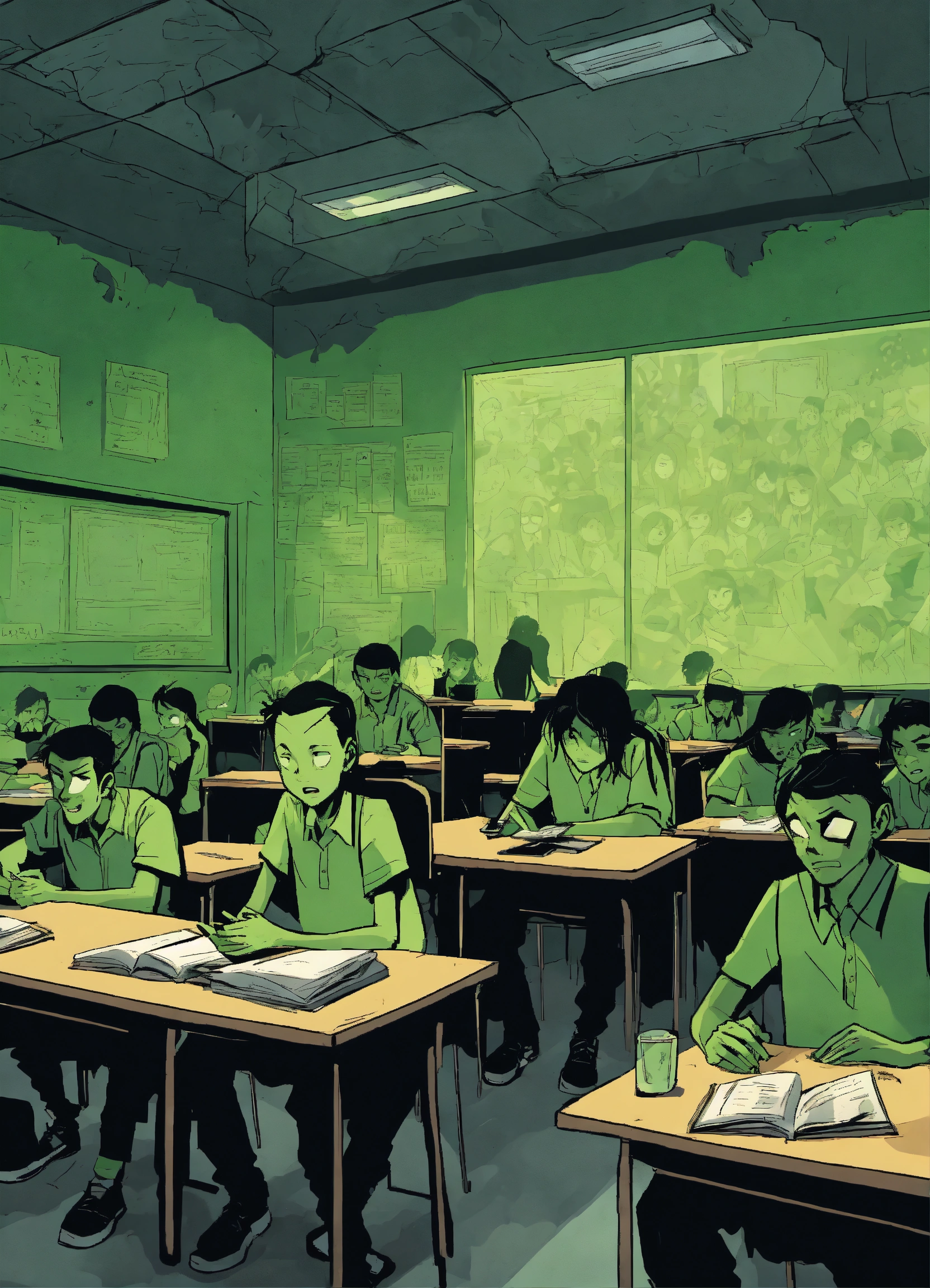 Lexica - Design a comic cartoon poster depicting a decrepit classroom ...