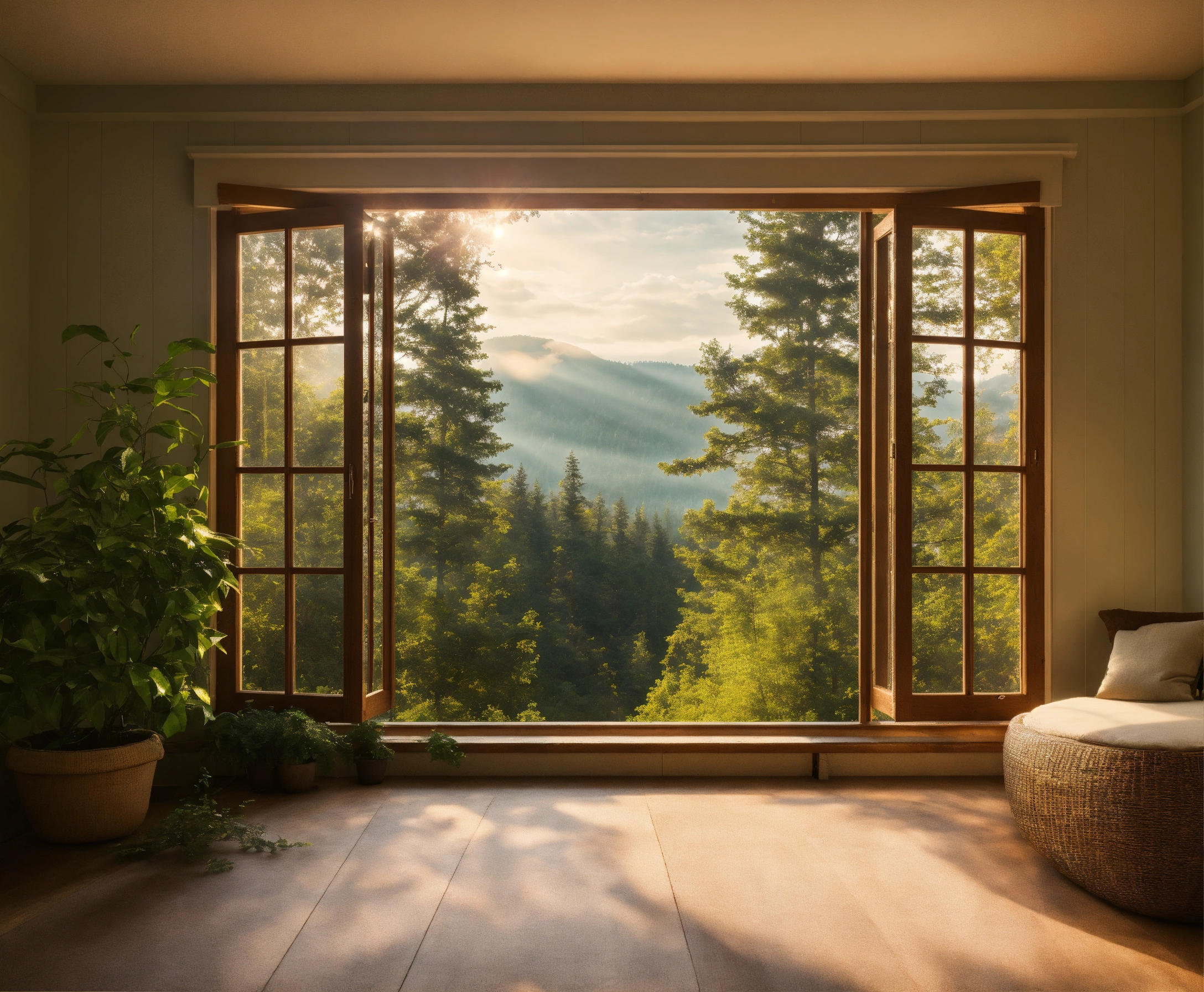 Lexica - A picture of a window with a forest view and sunlight shining ...