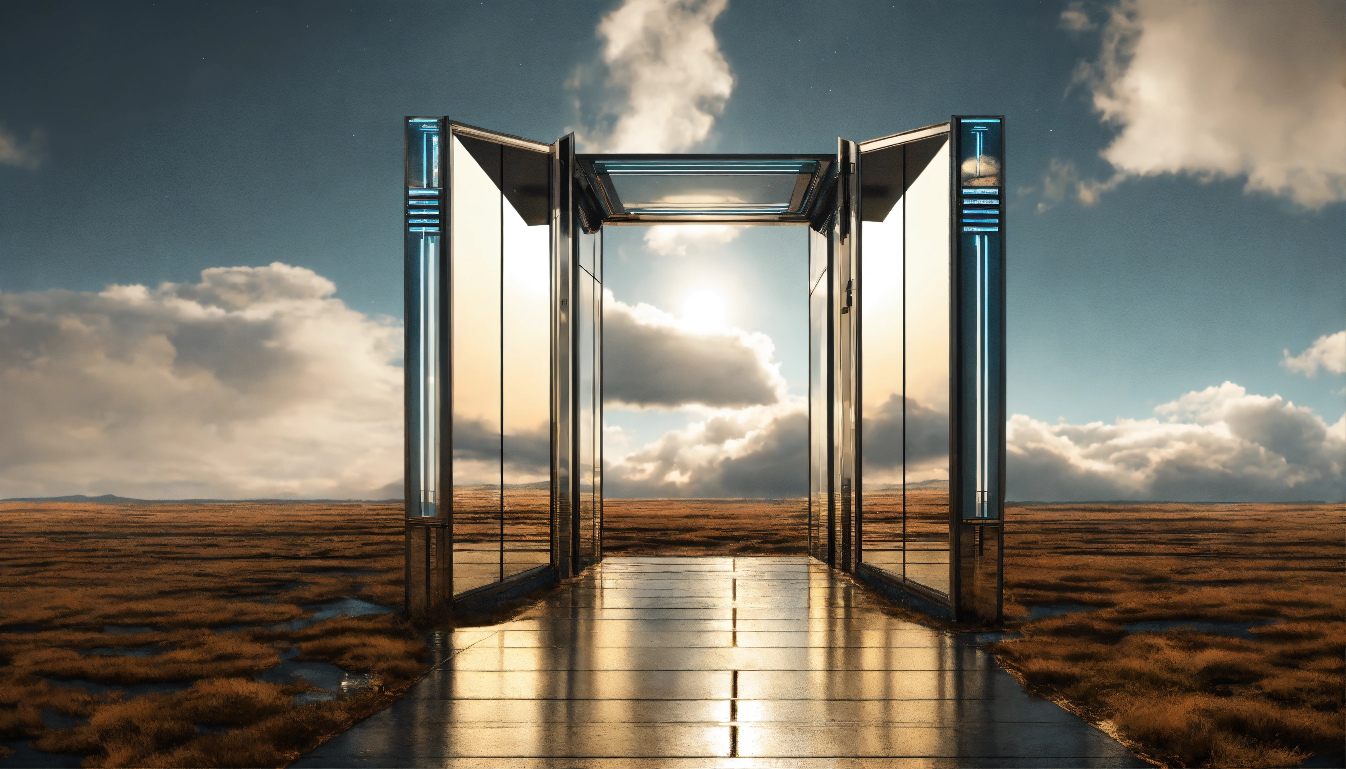 Lexica - Futuristic symmetric oblong gate mirror ground and clouds