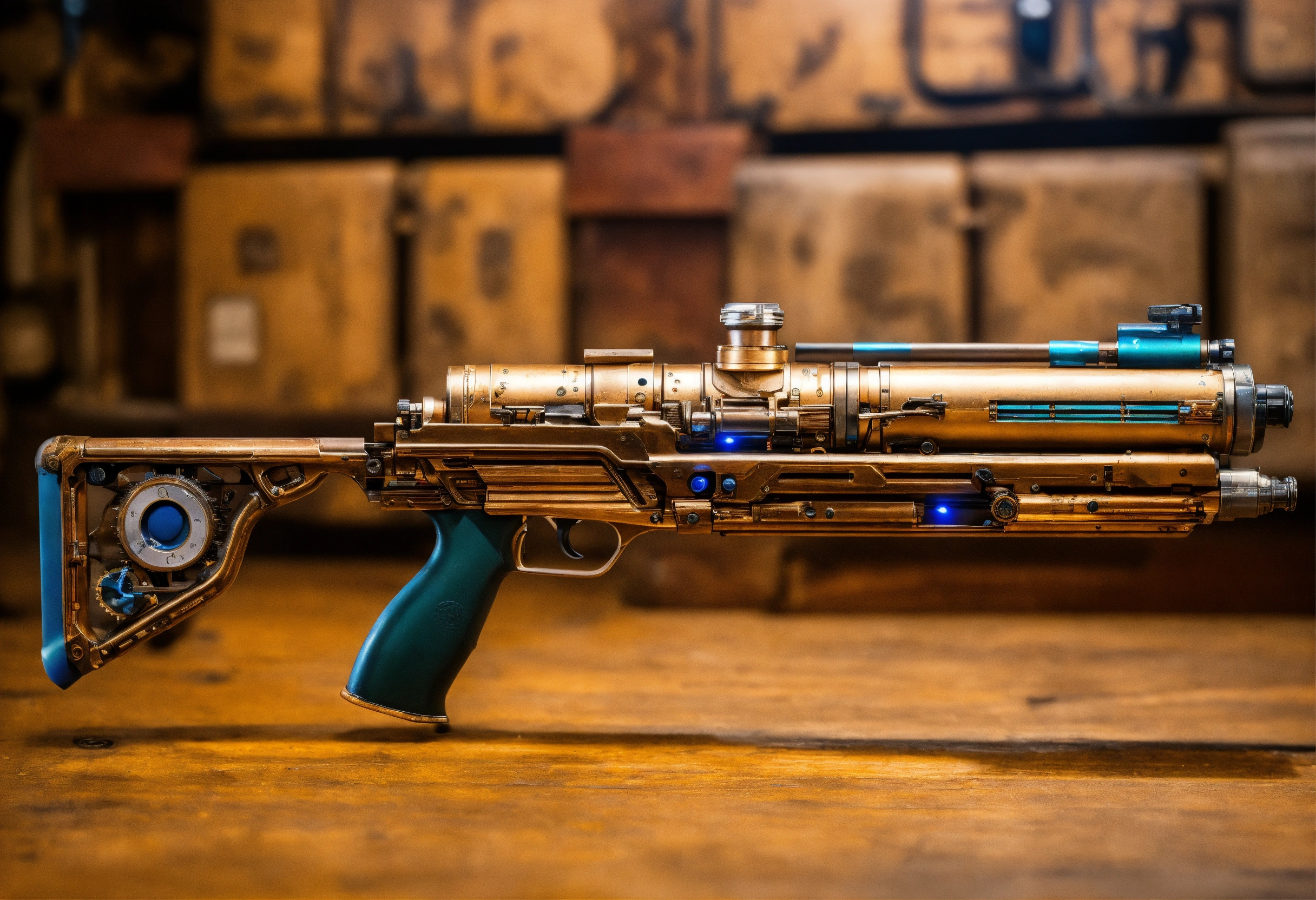 Lexica - Side view of the full image of a steampunk energy rifle