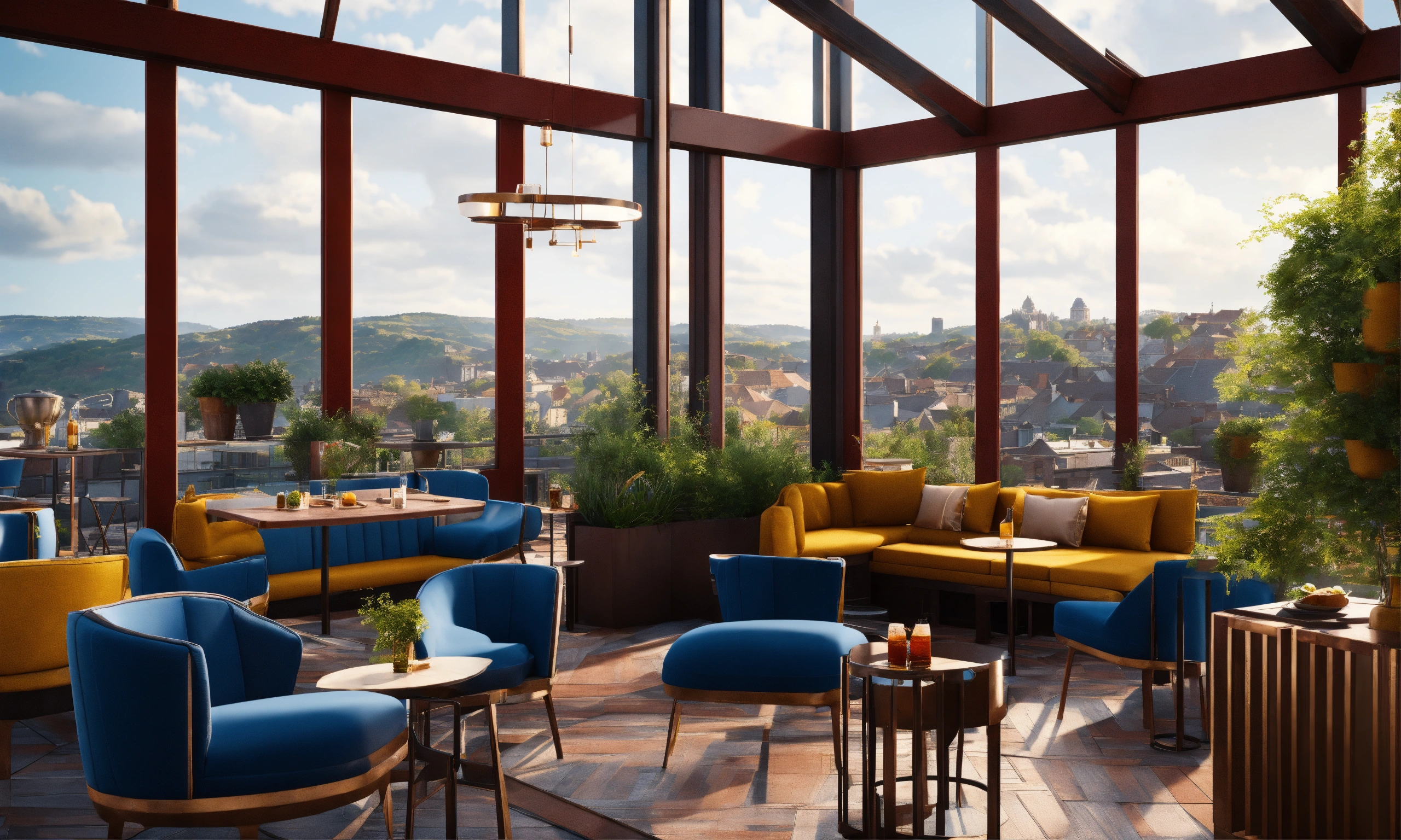 Lexica - A rooftop bar with blue chairs in large windows, in the style ...