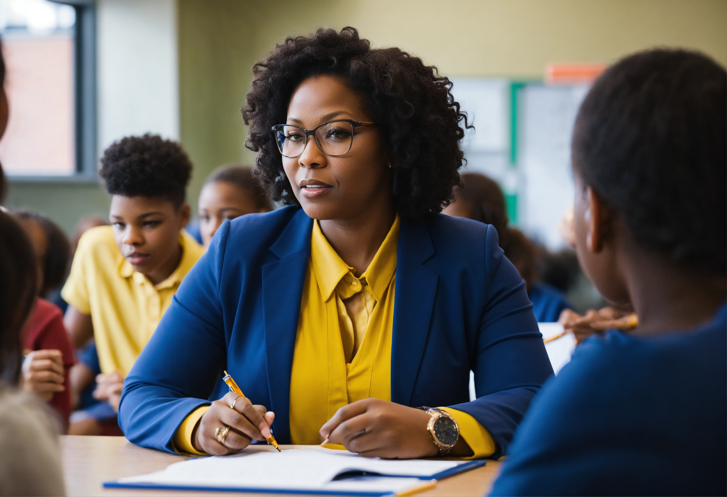 Lexica A Simple Portrait Of A Professional Looking Female Black Principal Interacting With