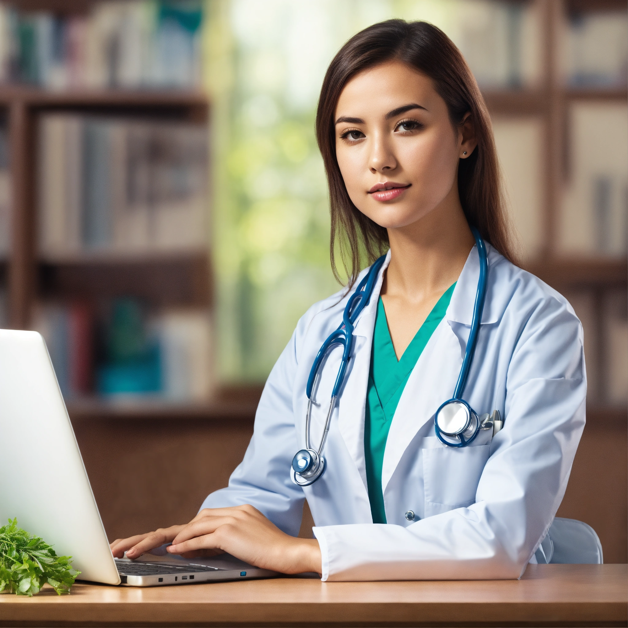 Lexica - Young woman doctor seating behind the table