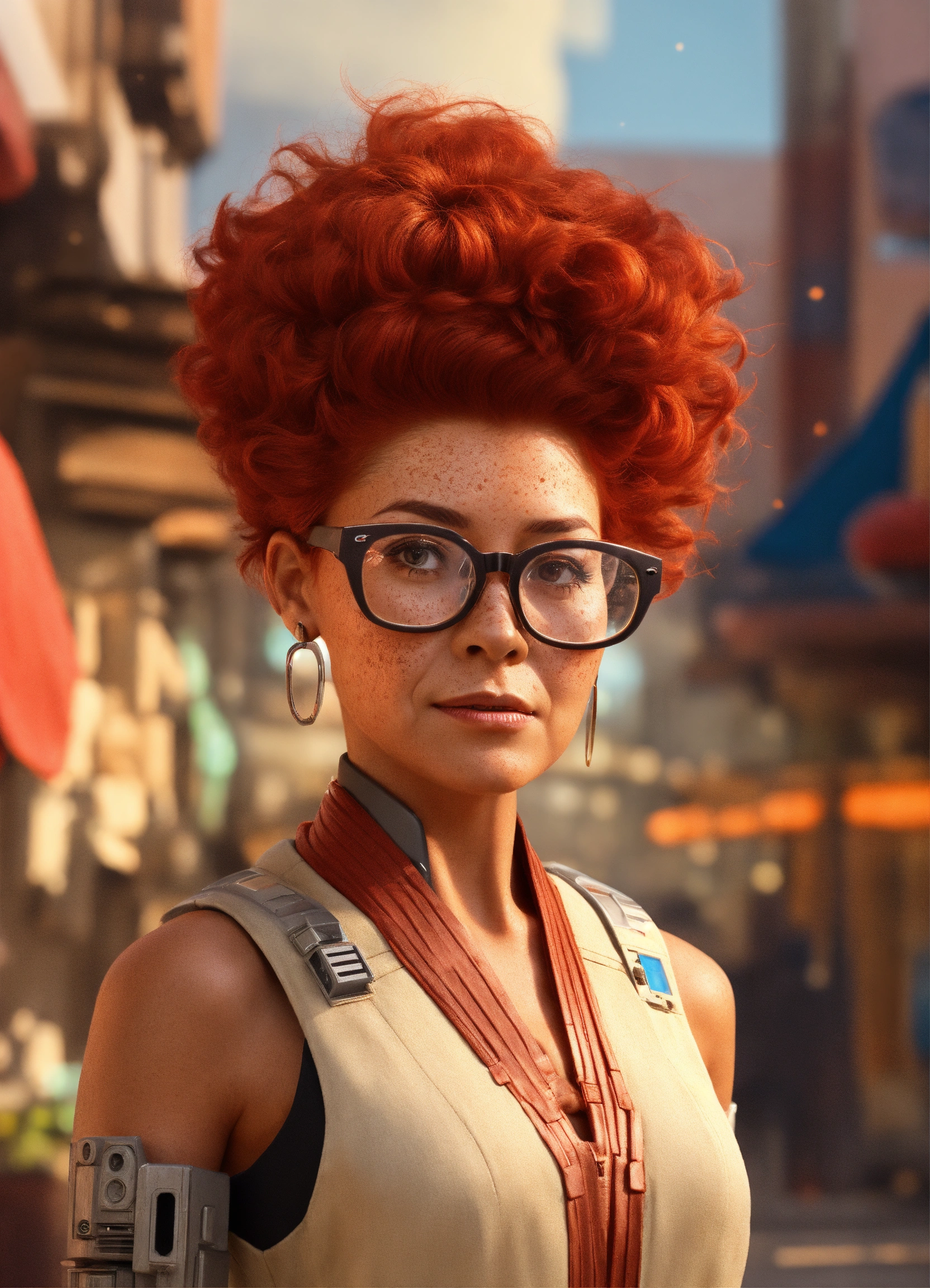 Lexica - A star wars style android robot inspired in a red haired latina  grandma with glasses, short spiky hair and freckles