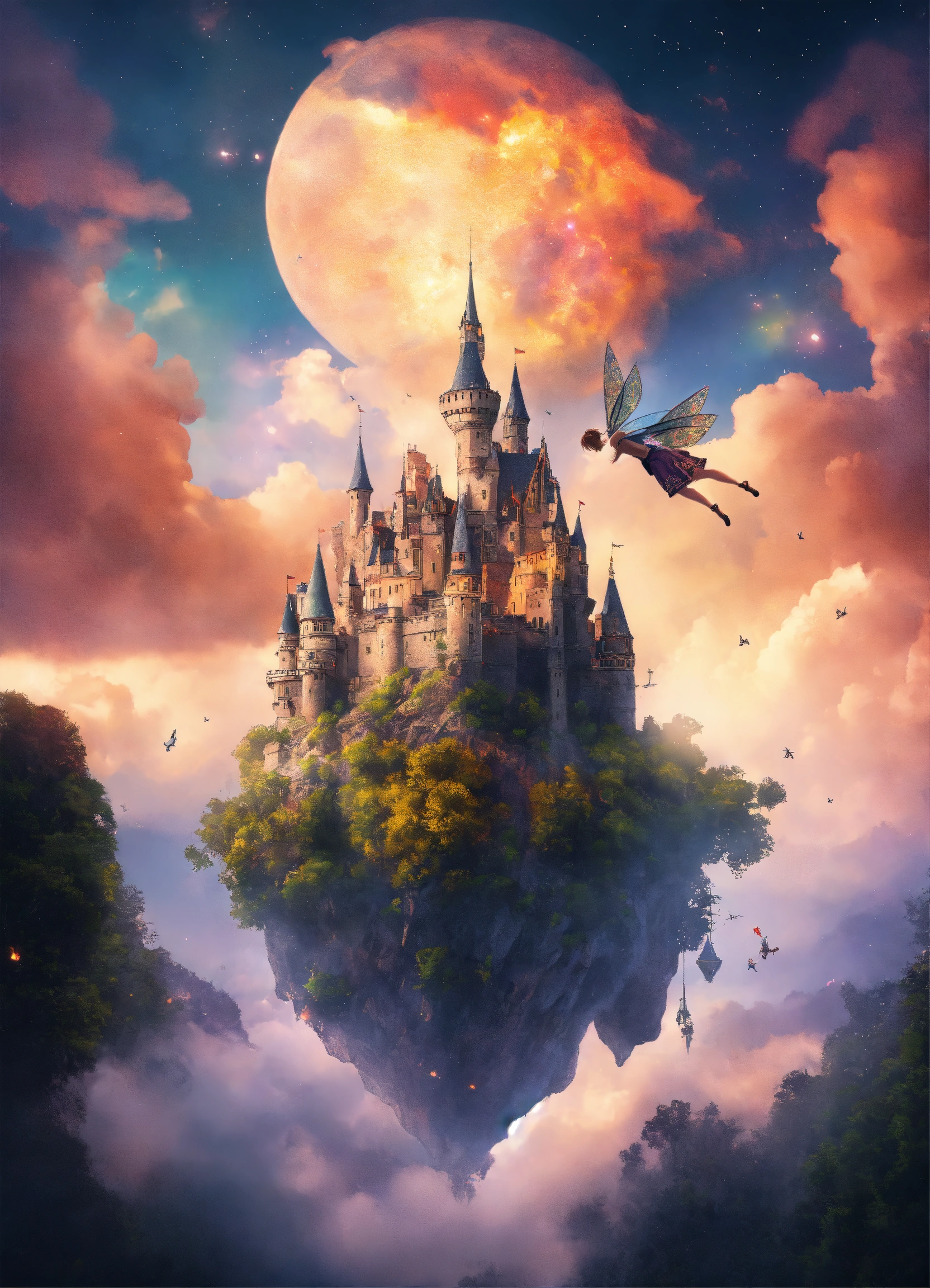 Lexica - Castle floating in a sky with clouds and fairies flying around it