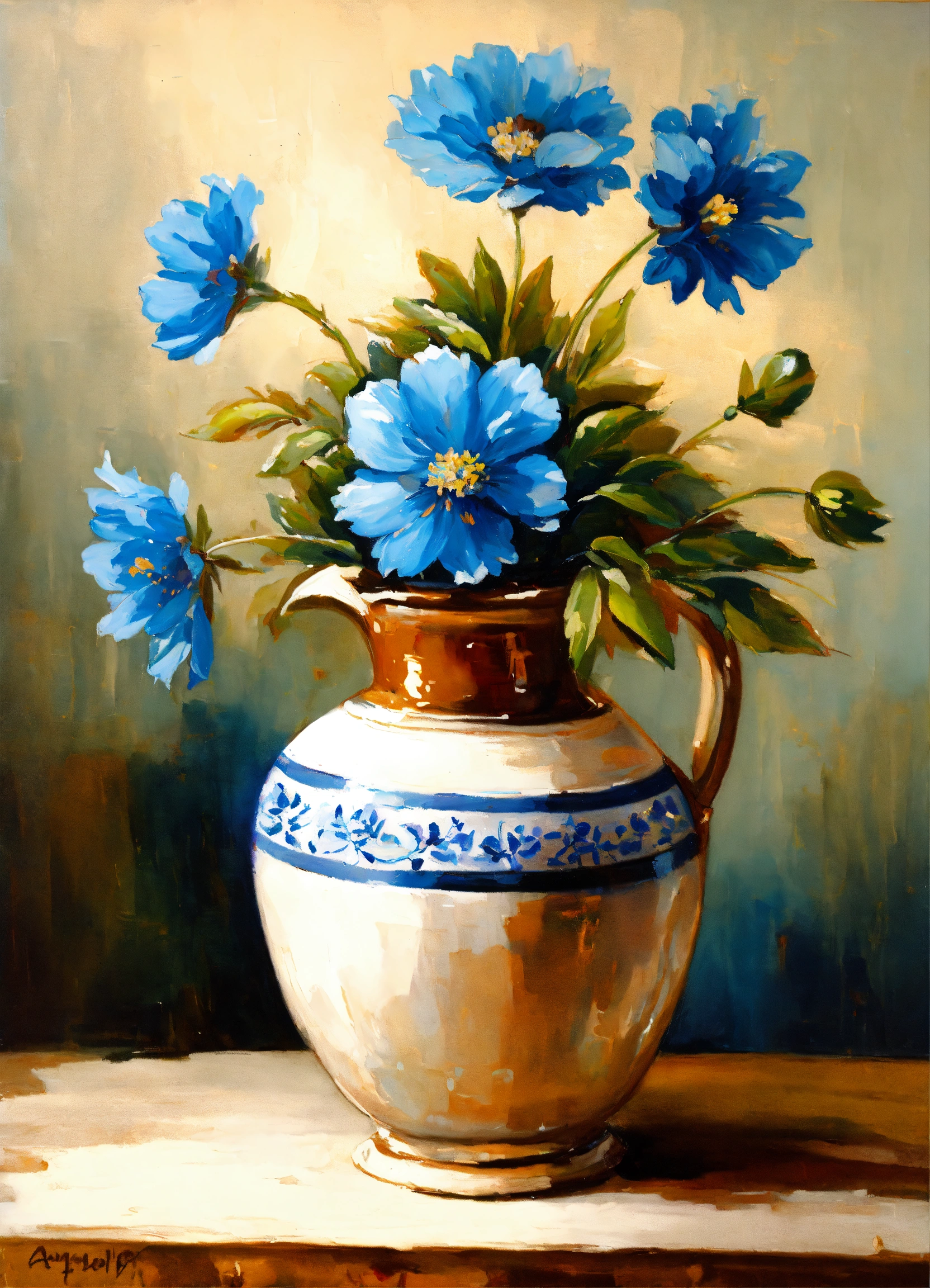 Lexica - French vintage oil painting of blue flowers white vase on soft ...