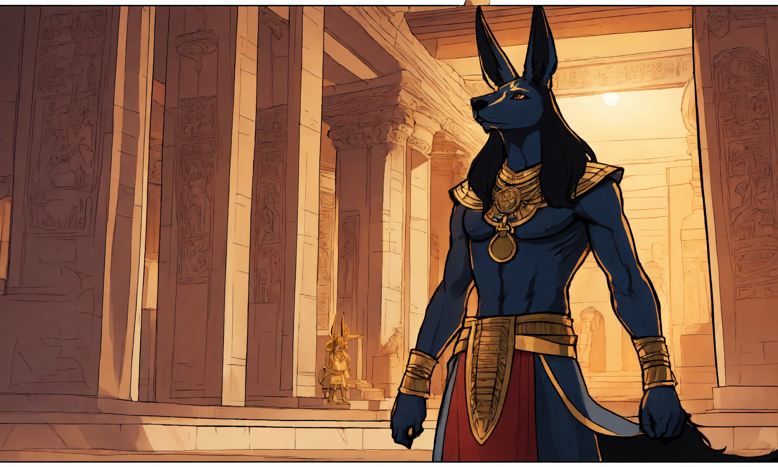 Lexica - Human Black long haired Anubis at a temple. comic