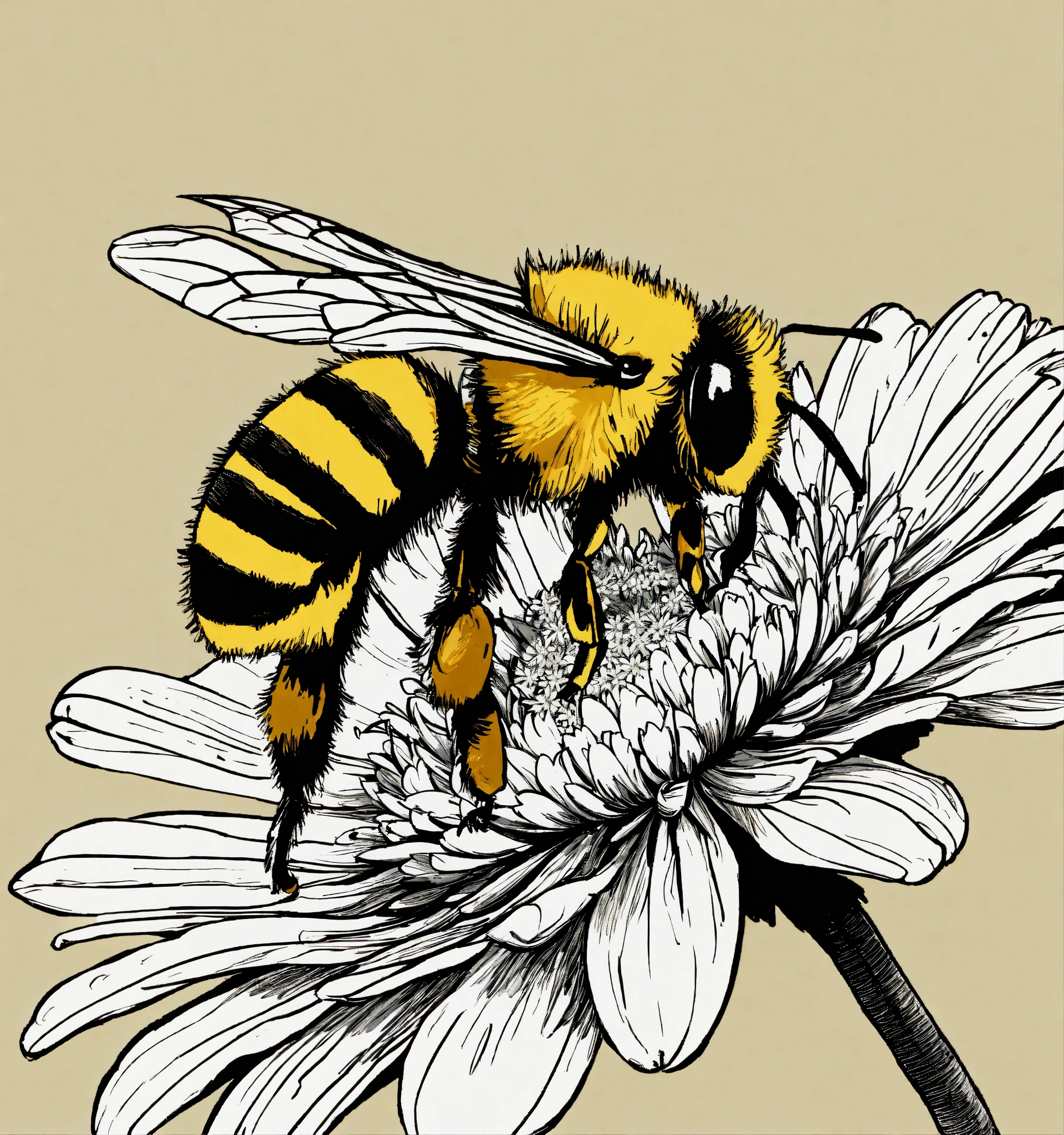Lexica - Pen and ink sketch of one cute bee buzzing around a daisy ...