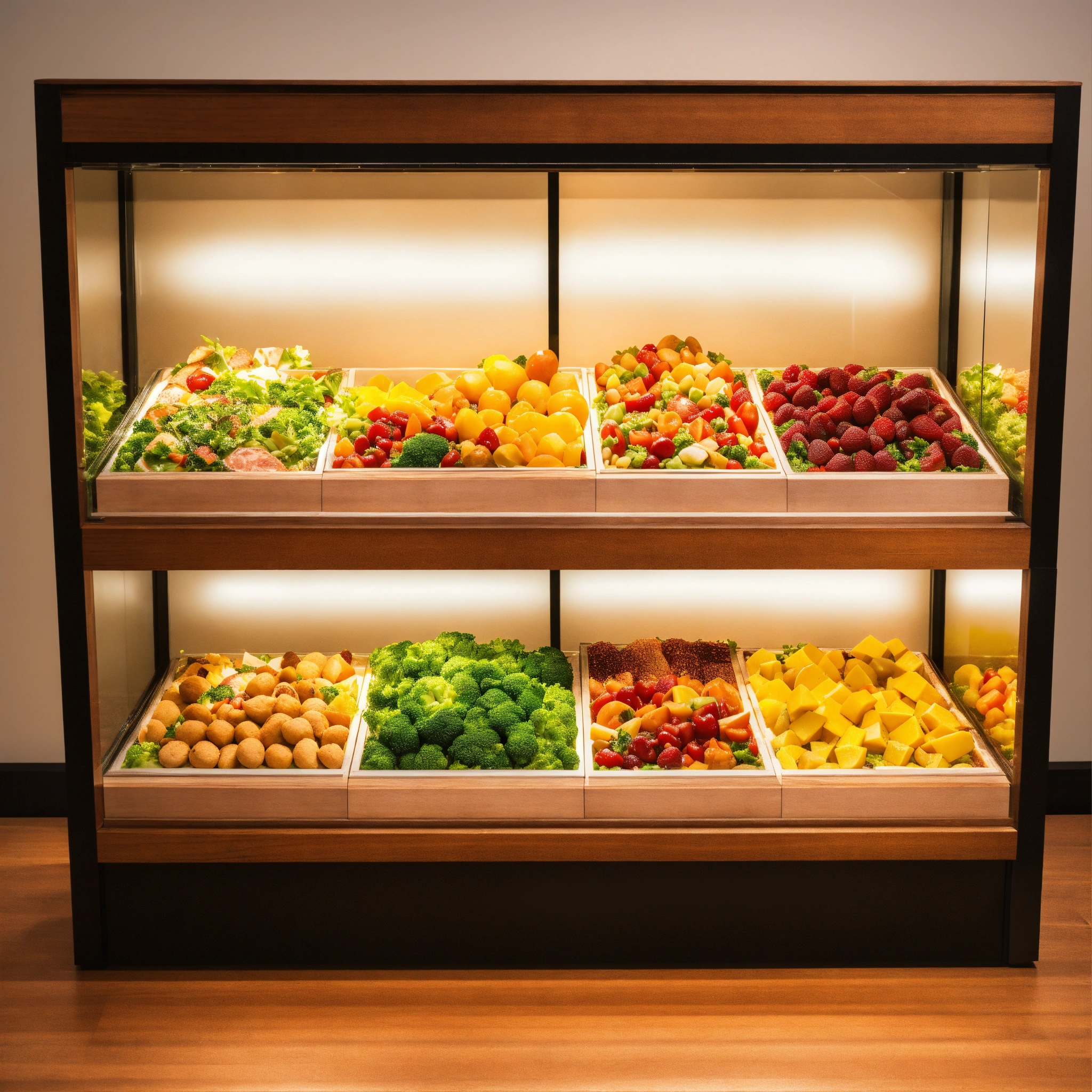 Lexica - A photo of a food display case. The case is made of glass and ...