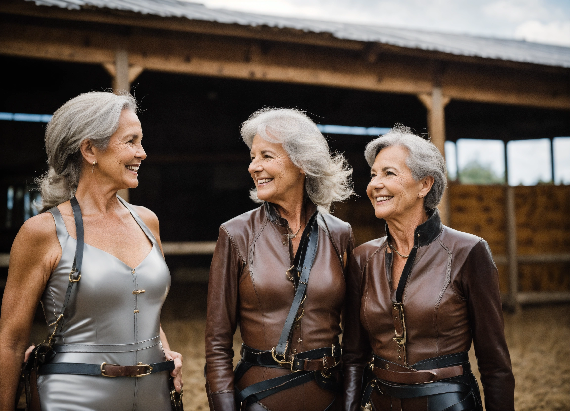 Lexica - Group of chic older women, 65, female, long flowing gray hair,  SHINY RUBBER equestrienne costumes, standing, from a low angle, GRINS,  ELEGAN...