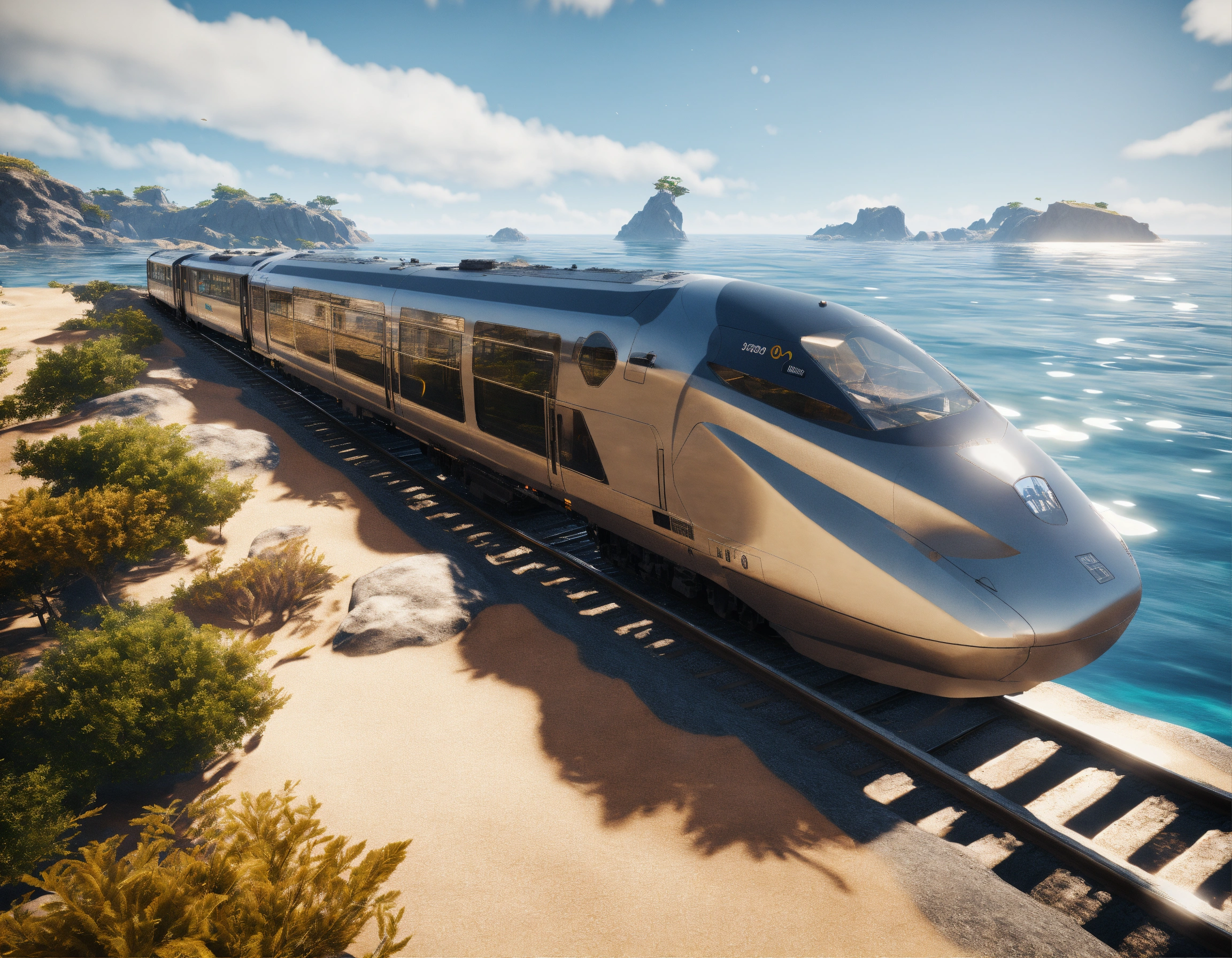 Lexica - Unreal engine render, train gliding across crystal clear, calm ...