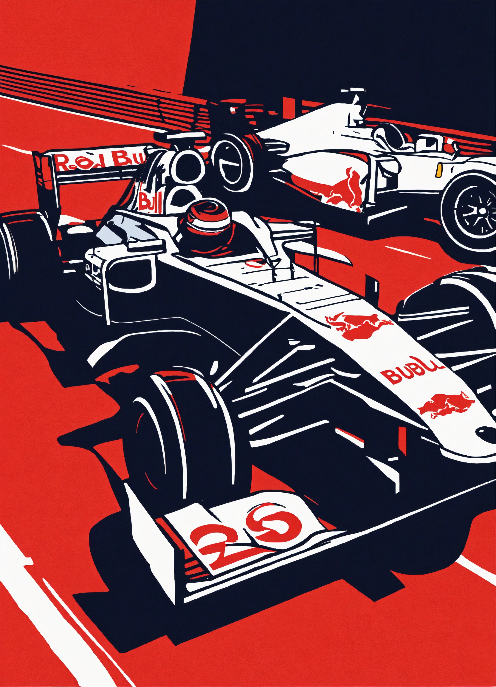Lexica - Minimal small linocut of an Red Bull F1 car, black and white ...