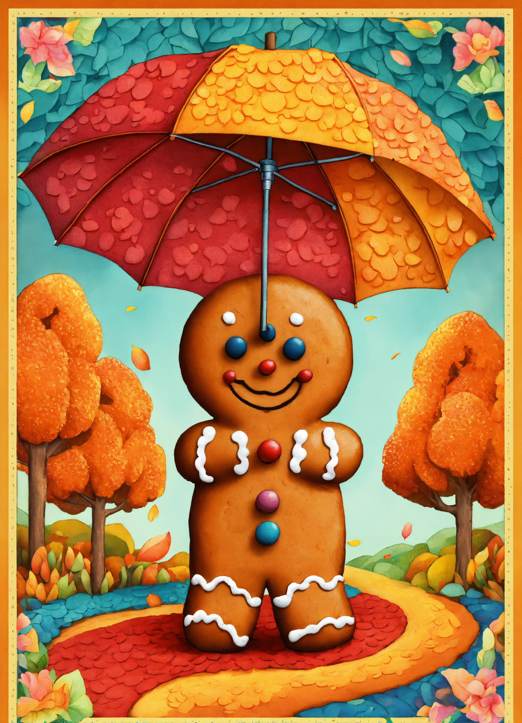 Lexica - Gingerbread man cookie with umbrella on a colorful stippled ...