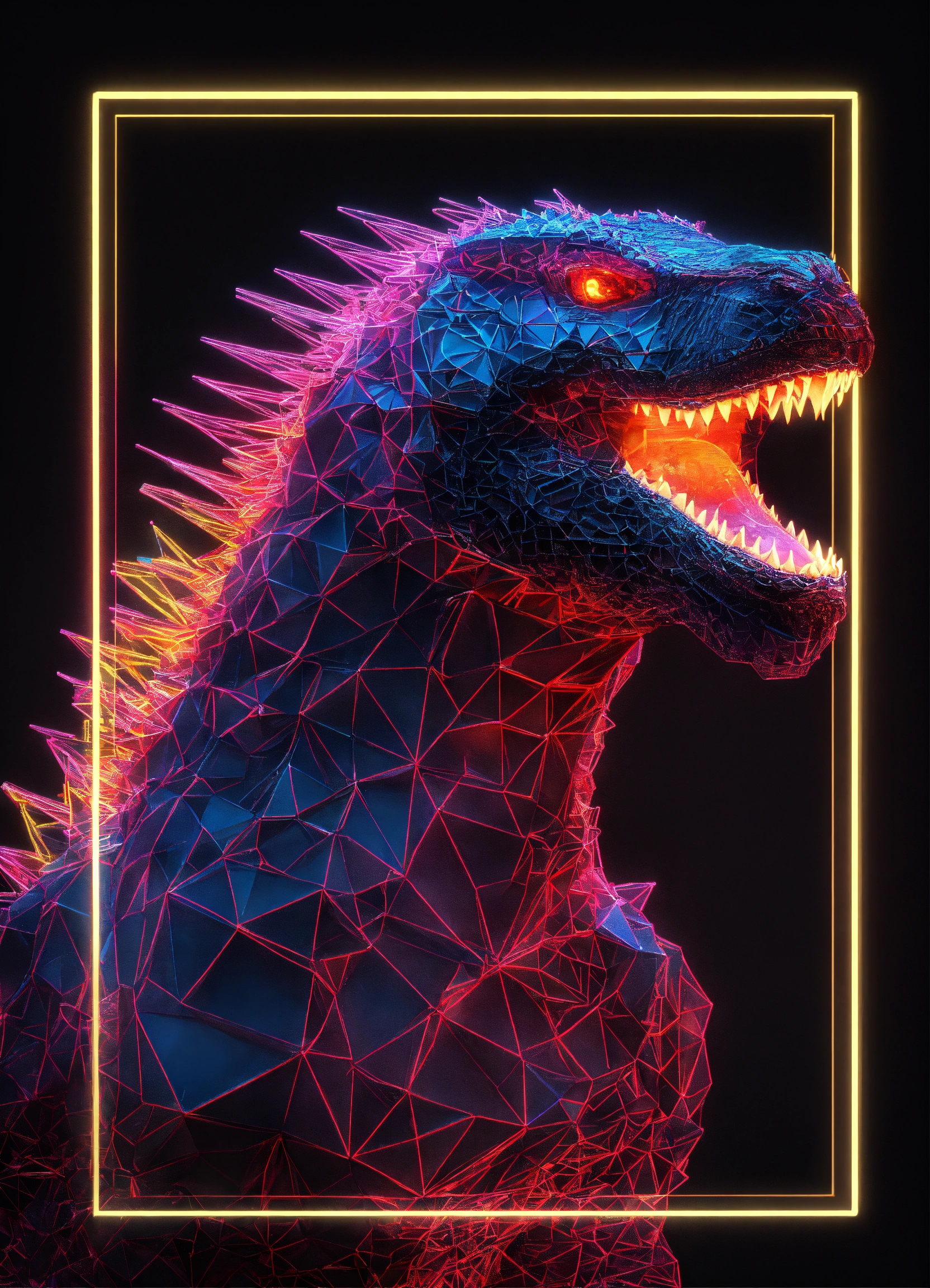 Lexica - Digital wire neon Frame Godzilla polygon with small eyes 3d ...