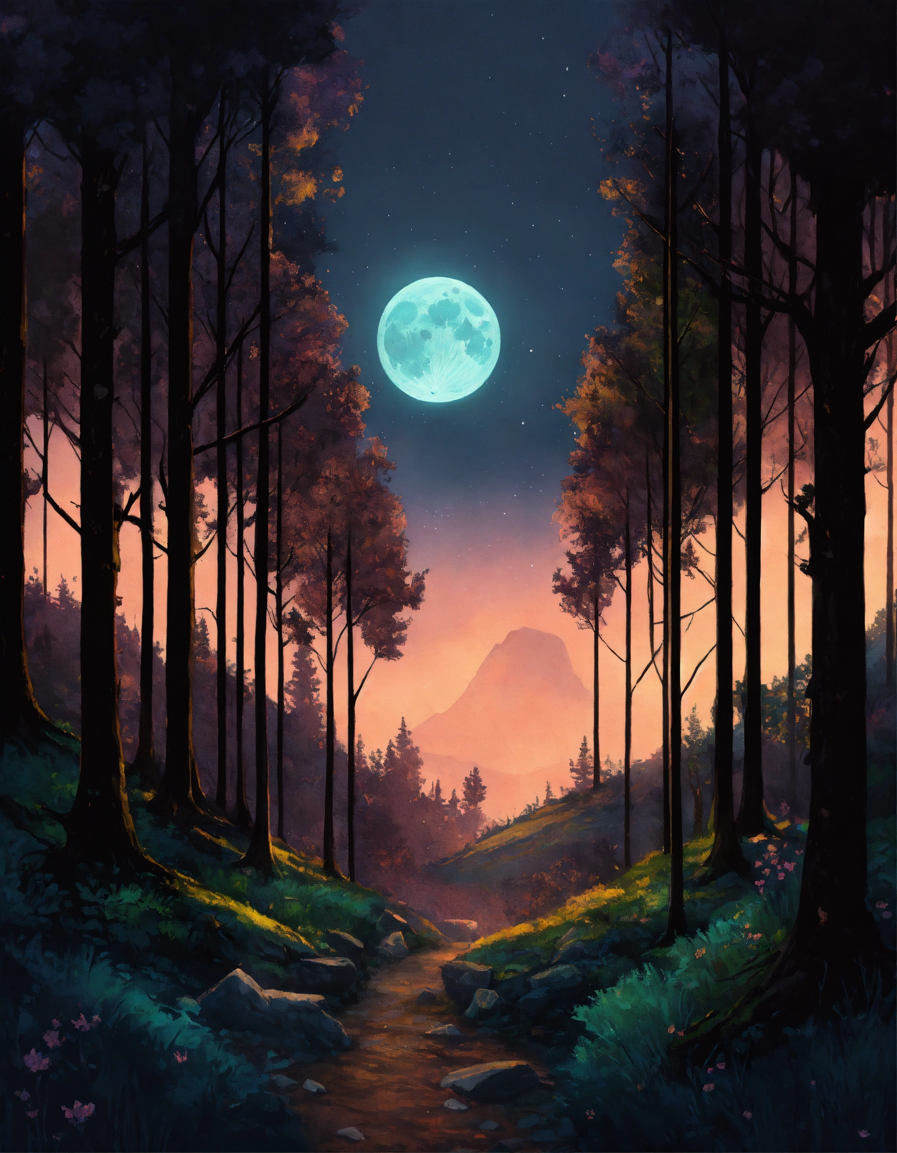 Lexica - A moonlit forest with a cryptic rune.