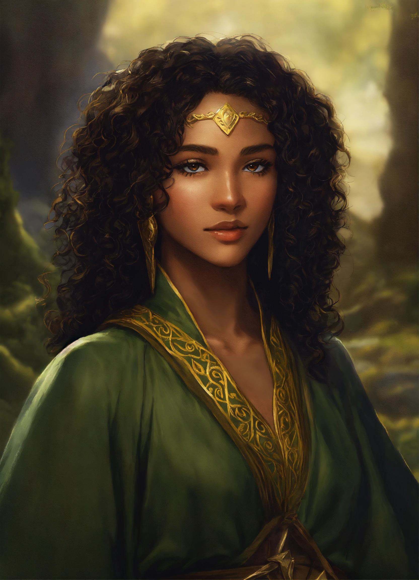 Lexica - Elf woman, short ears, curly hair, adventure, brown skin ...