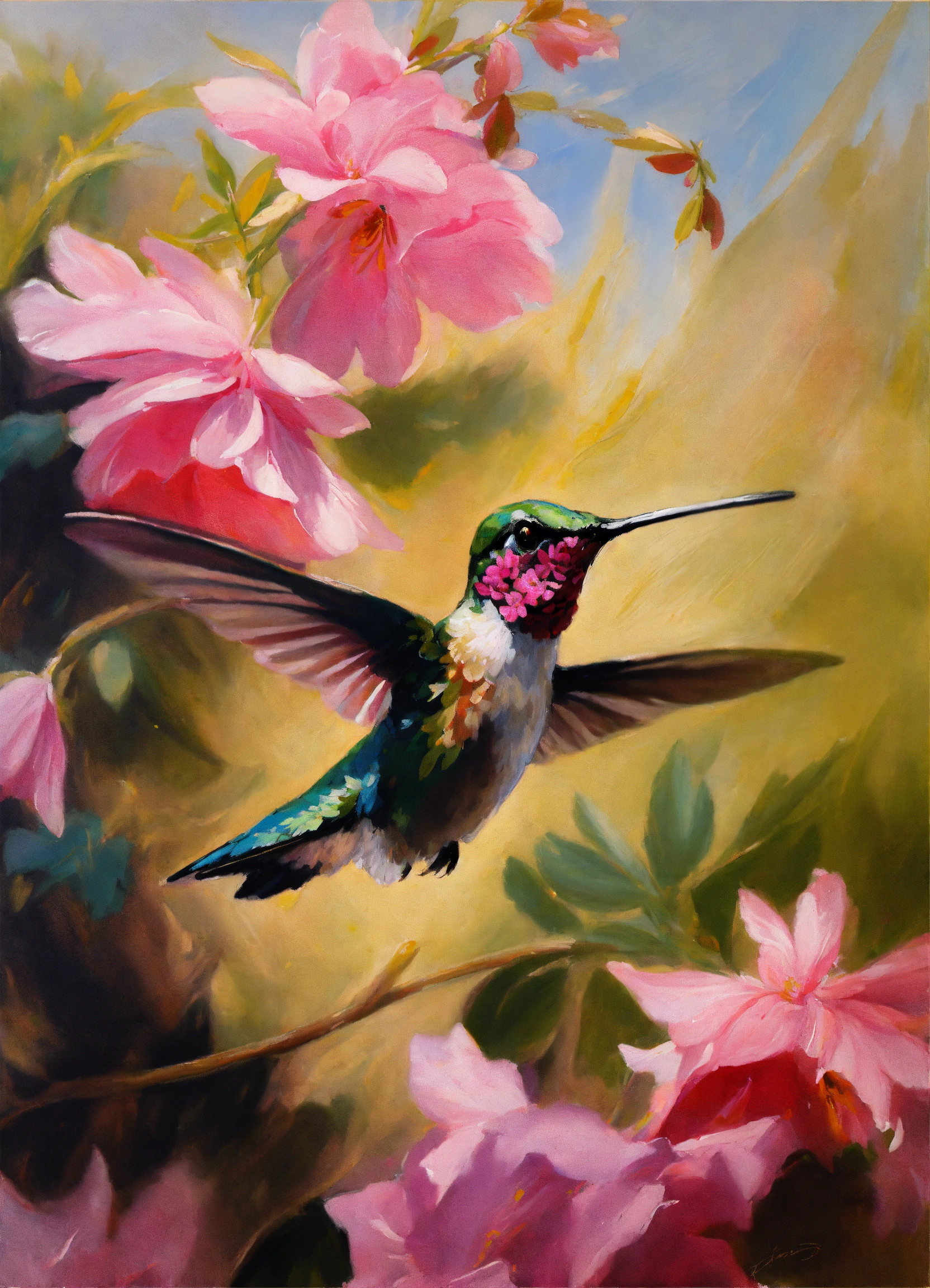 Lexica - Oil painting of a hummingbird flying next to pink flower, in ...