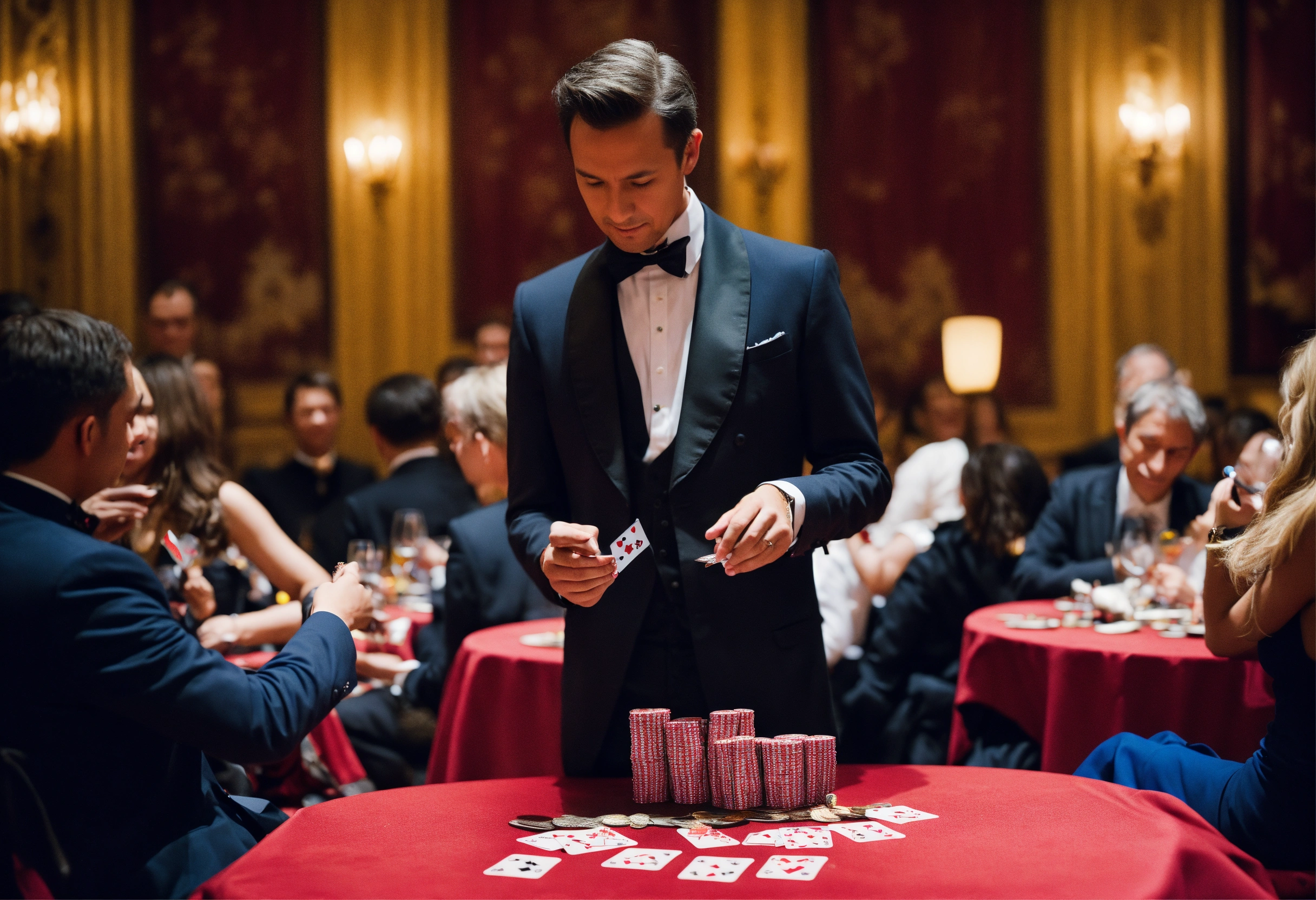 Lexica - A magician performs a card trick for a group of people seated ...