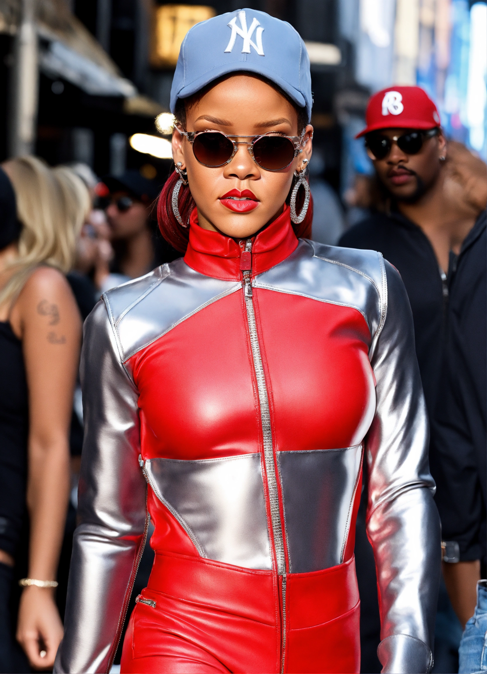Lexica - Rihanna red and silver zip-up bodysuit, with matching arm ...