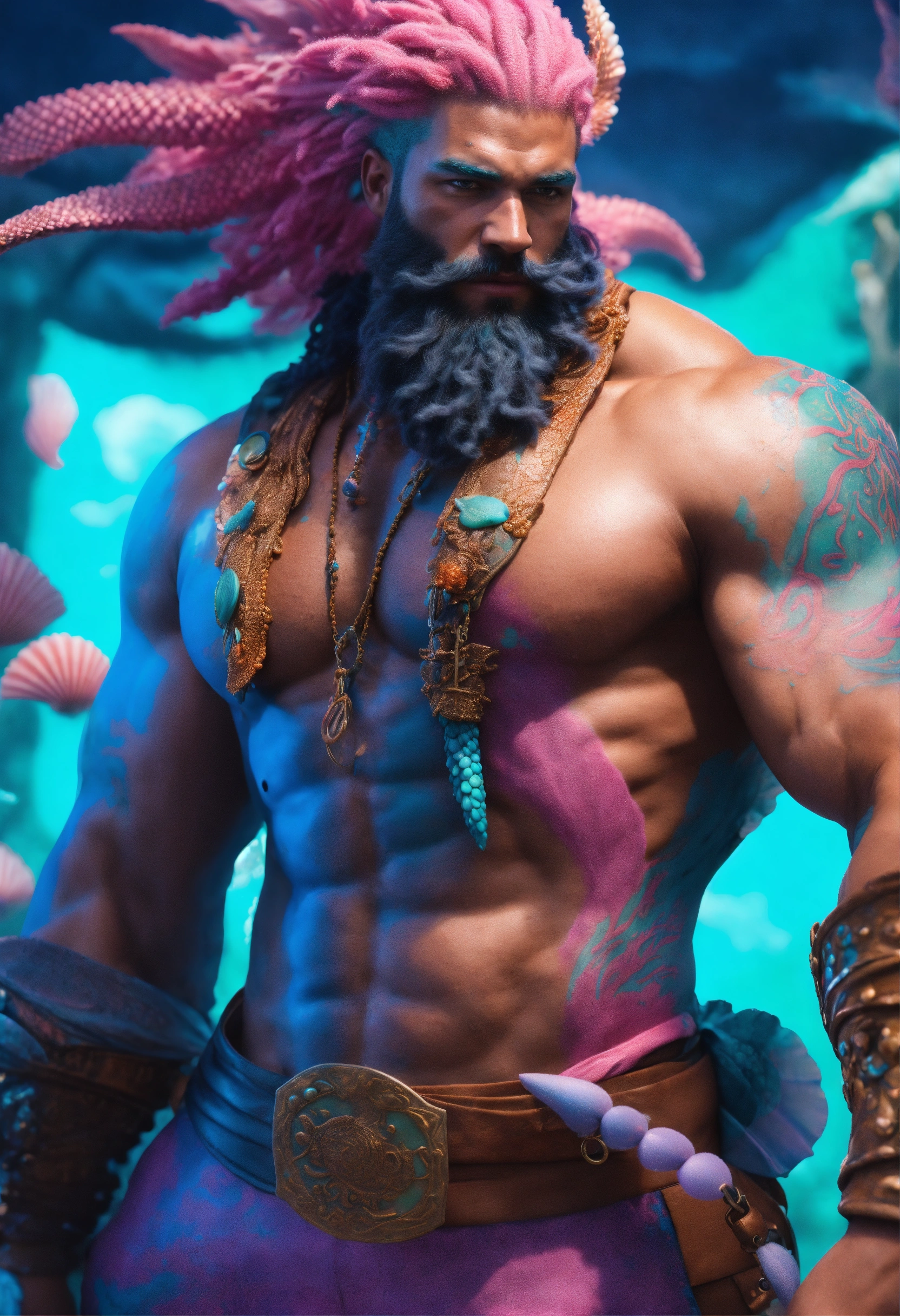 Lexica - A buff muscular Merman pirate with scales across his Blue skin ...