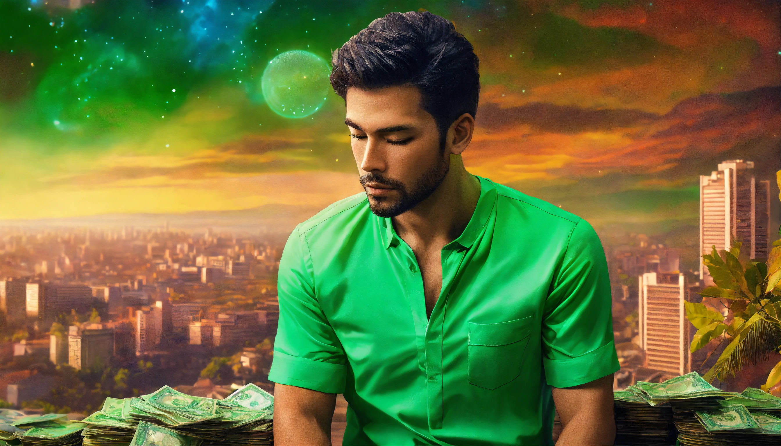 Lexica A well built handsome man, close up, bright green shirt, eyes