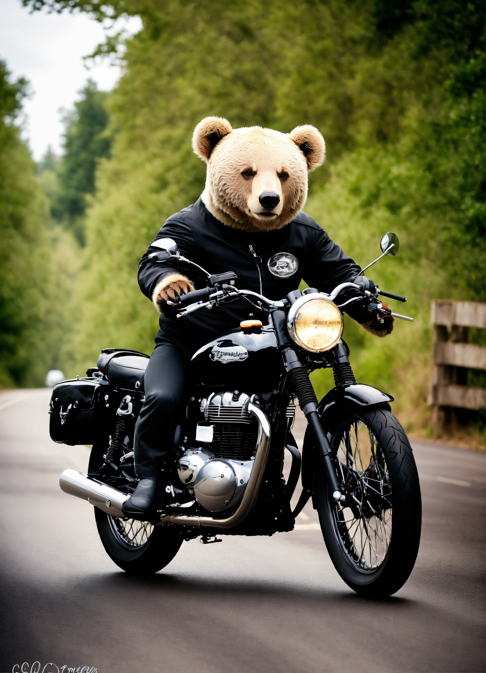 Lexica - Cute manly Bear Riding A black triumph bonneville motorcycle ...