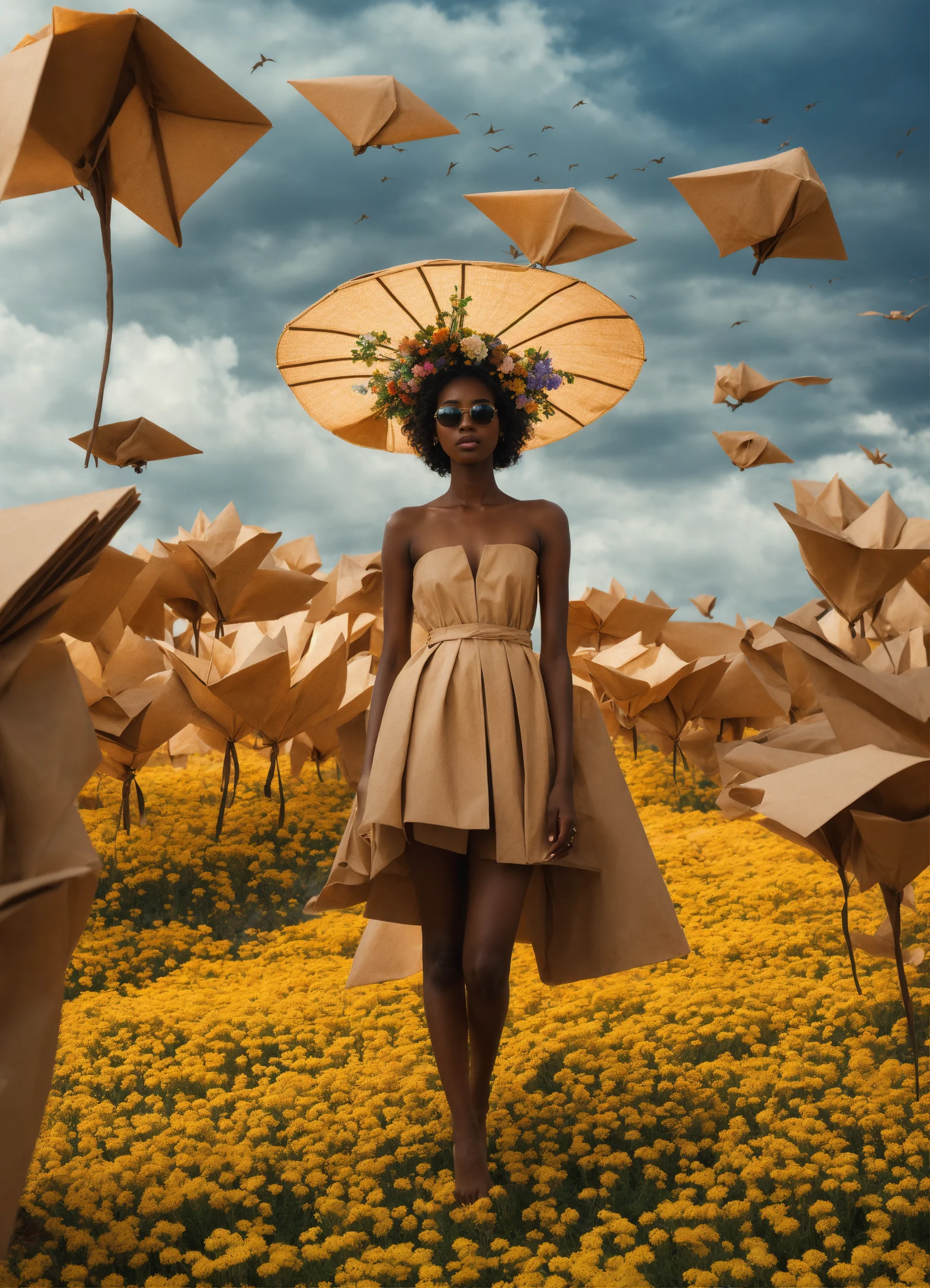 Lexica Paper bag clouds and brown origami birds in the sky. Dark