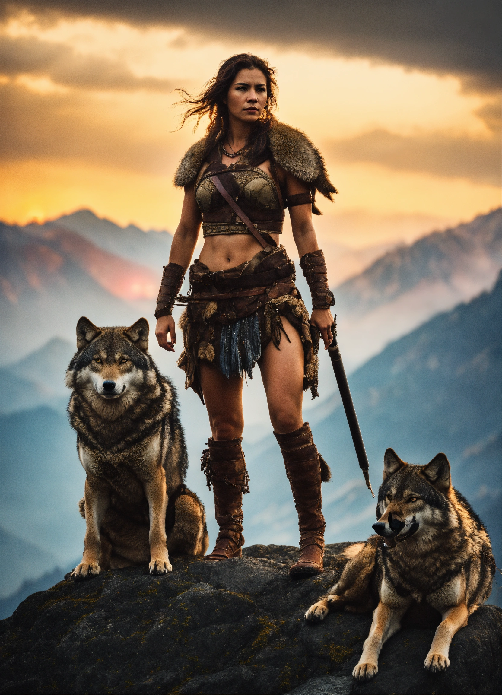 Lexica - An armed warrior woman with several wolves, standing on a rock ...