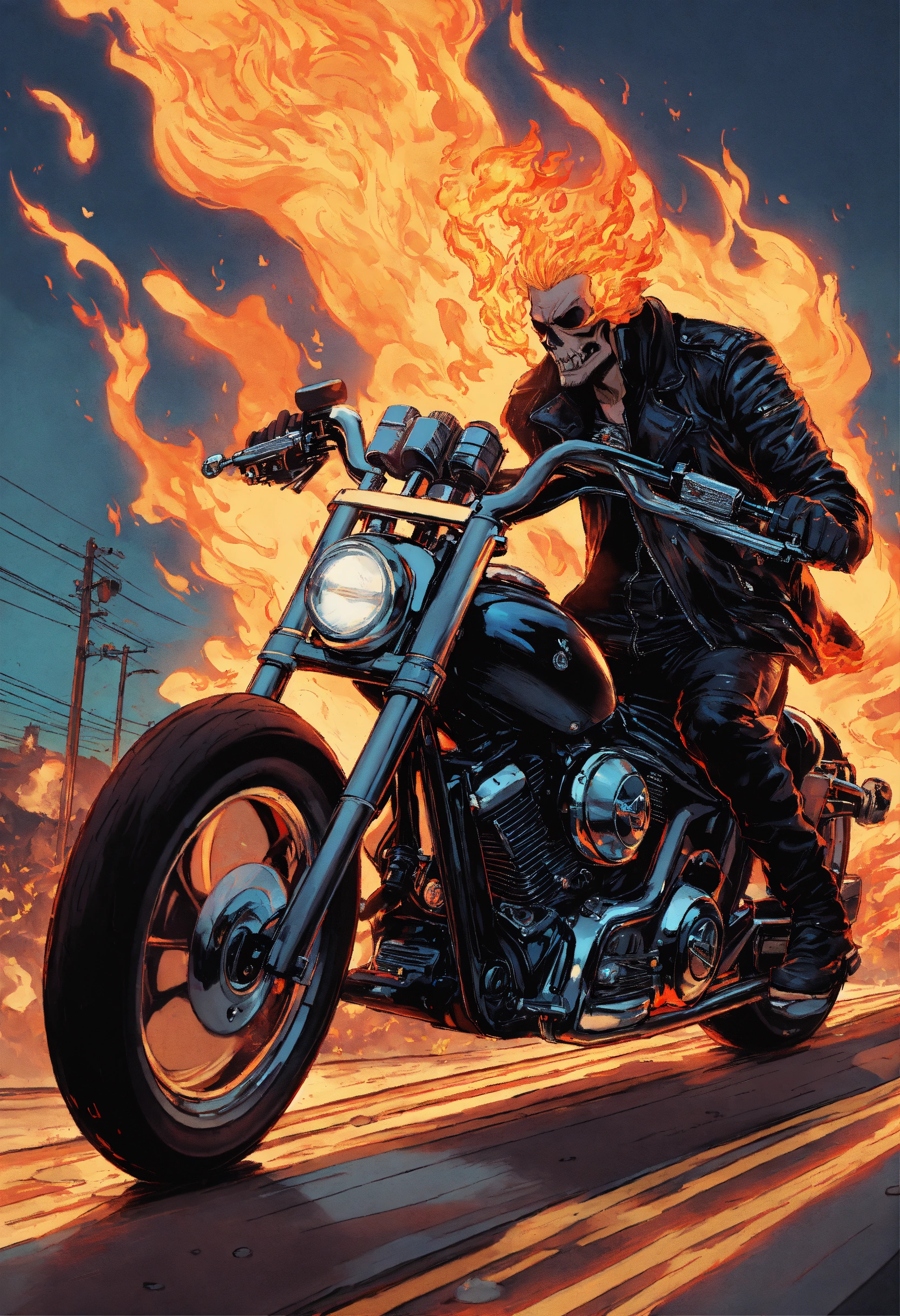 Lexica - A close up of a person riding a motorcycle with flames, ghost ...