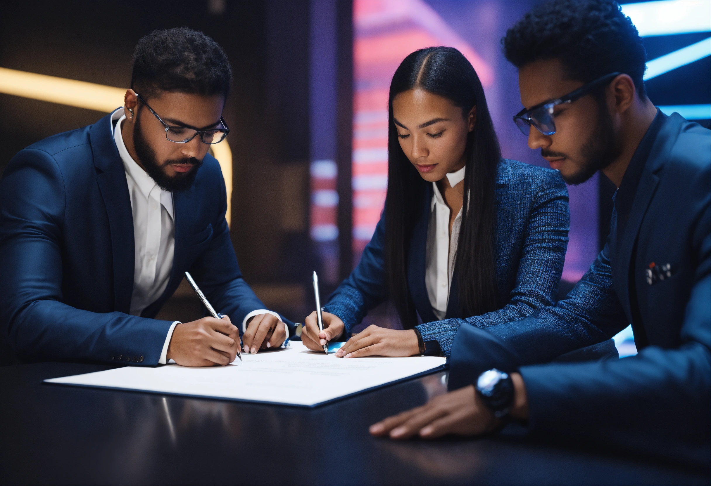 Lexica - Two company representatives signing a contract, futuristic