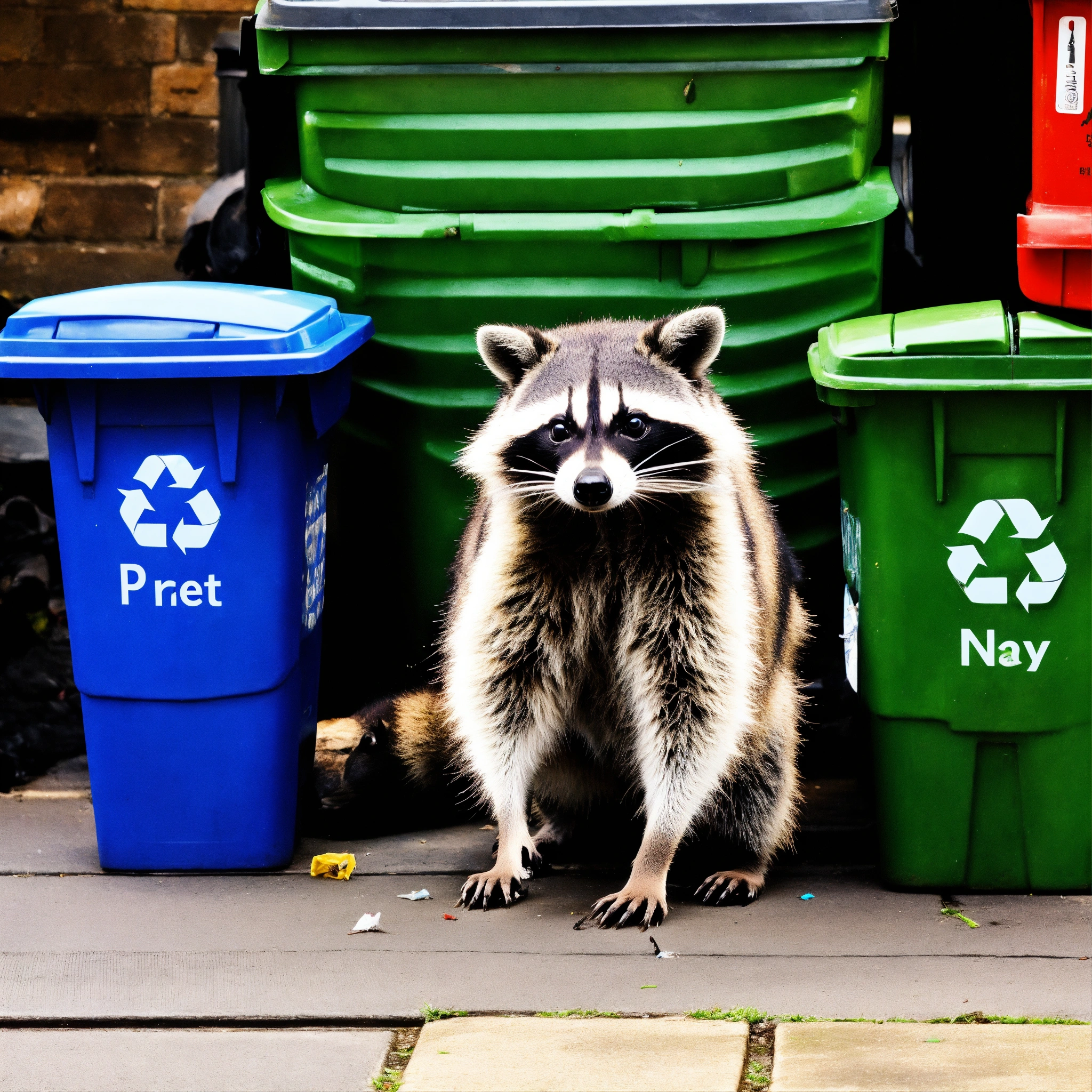 Lexica - A photograph of a raccoon digging through recycling bins with ...