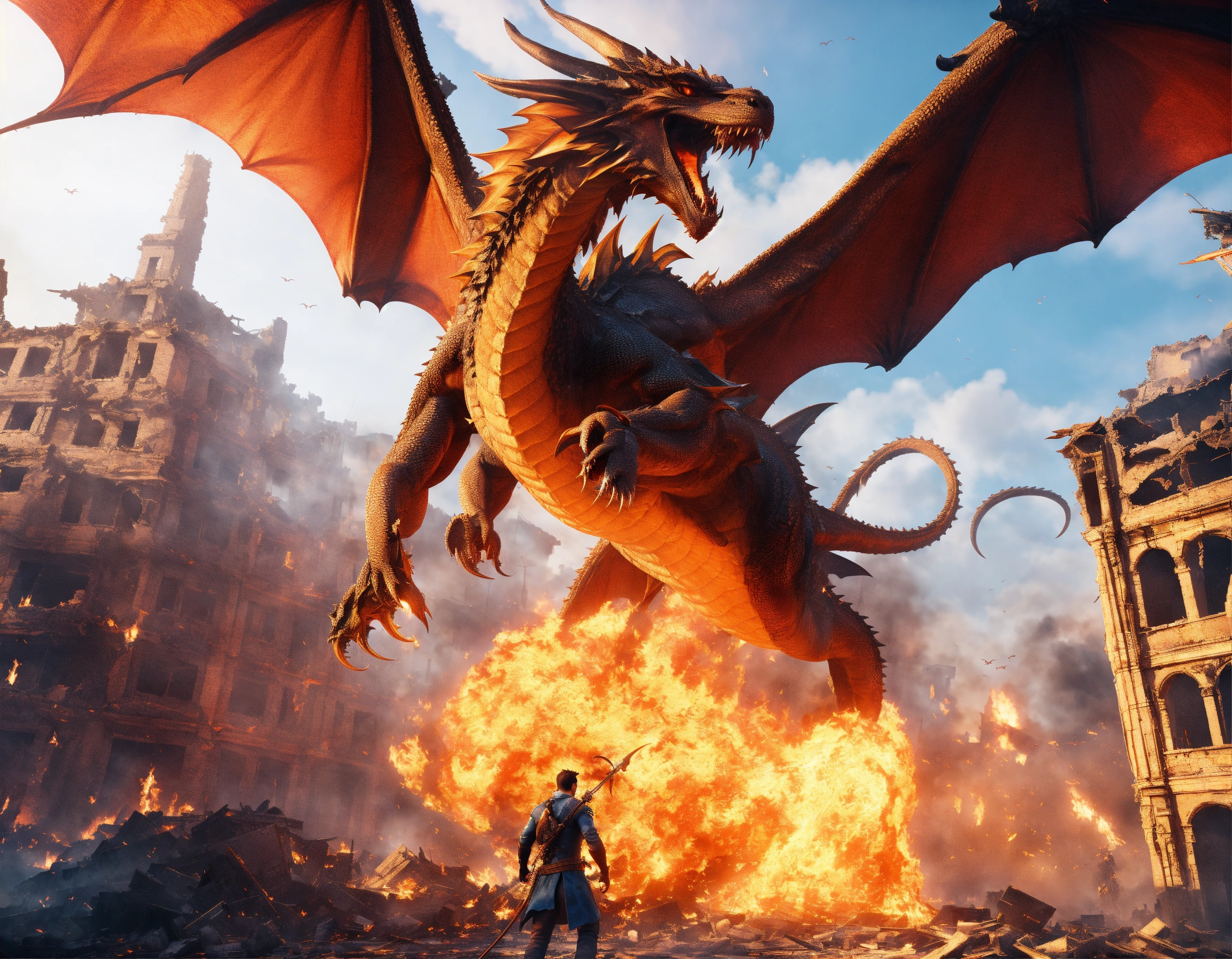 Lexica - A handsome avatar is flying with his dragon over the destroyed ...