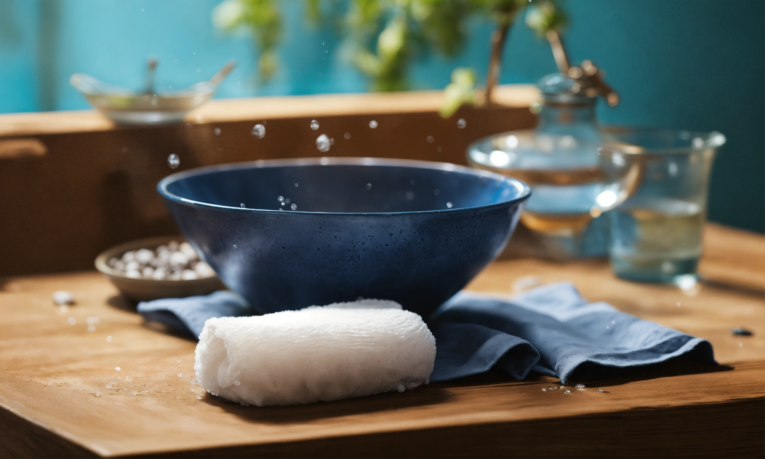 Lexica A visual of a bowl of water surrounded by a cloth, a piece of cotton that the water can