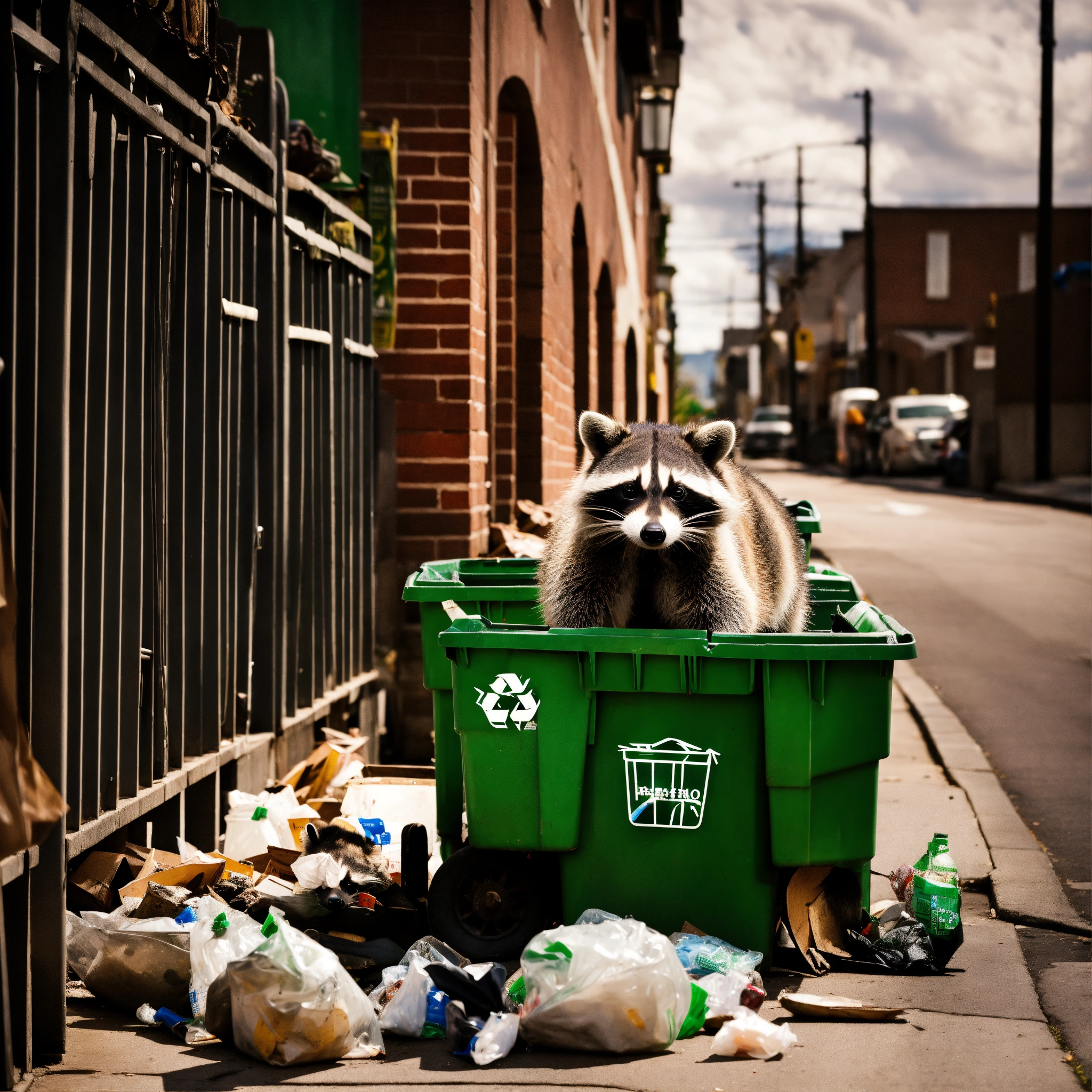 Lexica - A photograph of a raccoon digging through recycling bins on a ...