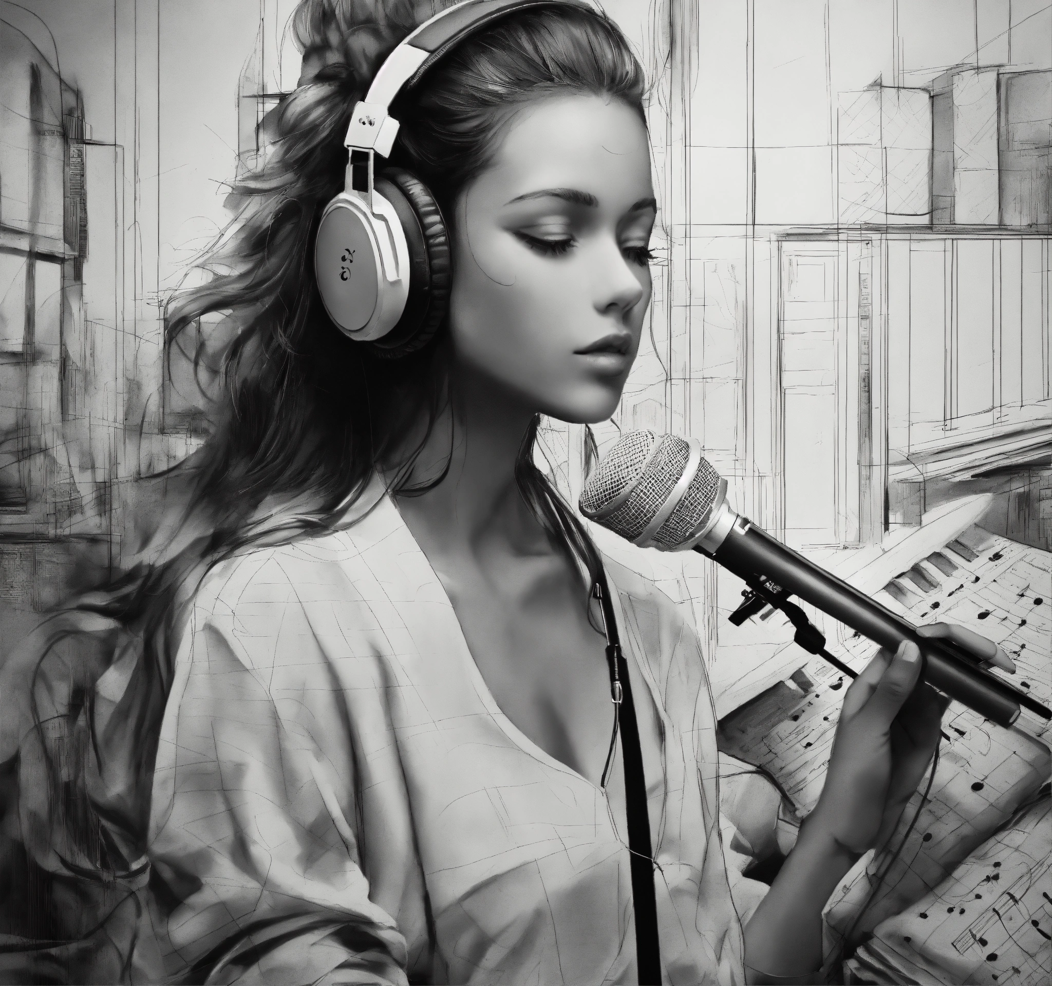 Lexica Create a pencil sketch art composition of a music in a black